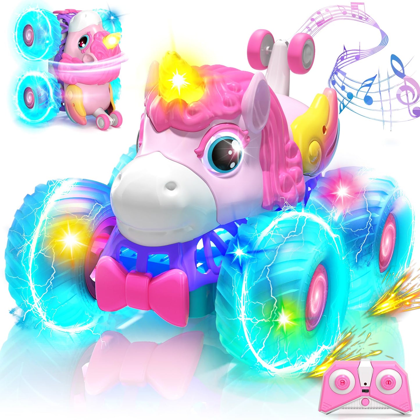 Lehoo Castle Remote Control Car for Girls 360° Rotating, Unicorn Monster Truck with Light & Music, 4WD All Terrain RC Stunt Car Rechargeable, 2.4GHz RC Truck for 3 4 5 6 7 8 Girls Birthday Gift