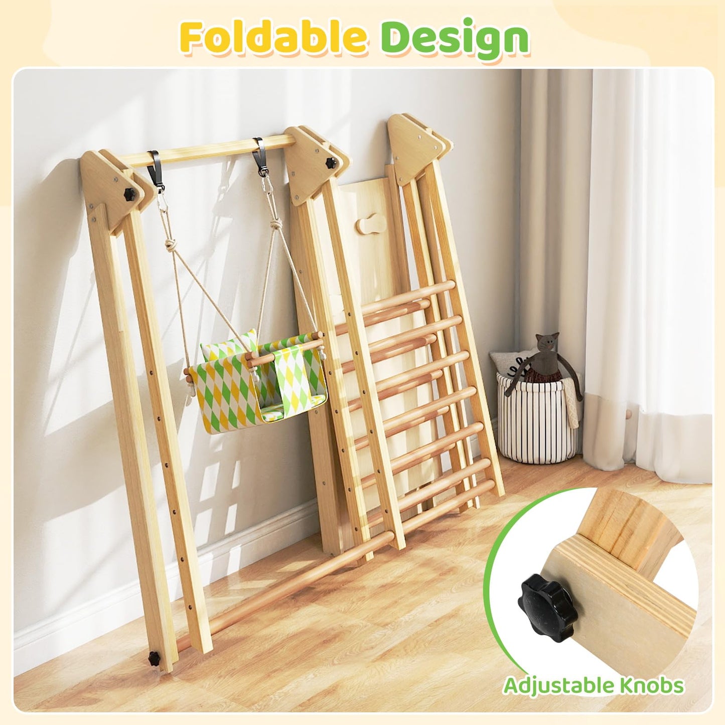 OLAKIDS Indoor Jungle Gym, 3 in 1 Wooden Foldable Montessori Toddler Climbing Toys with Adjustable Baby Swing Ramp Ladder