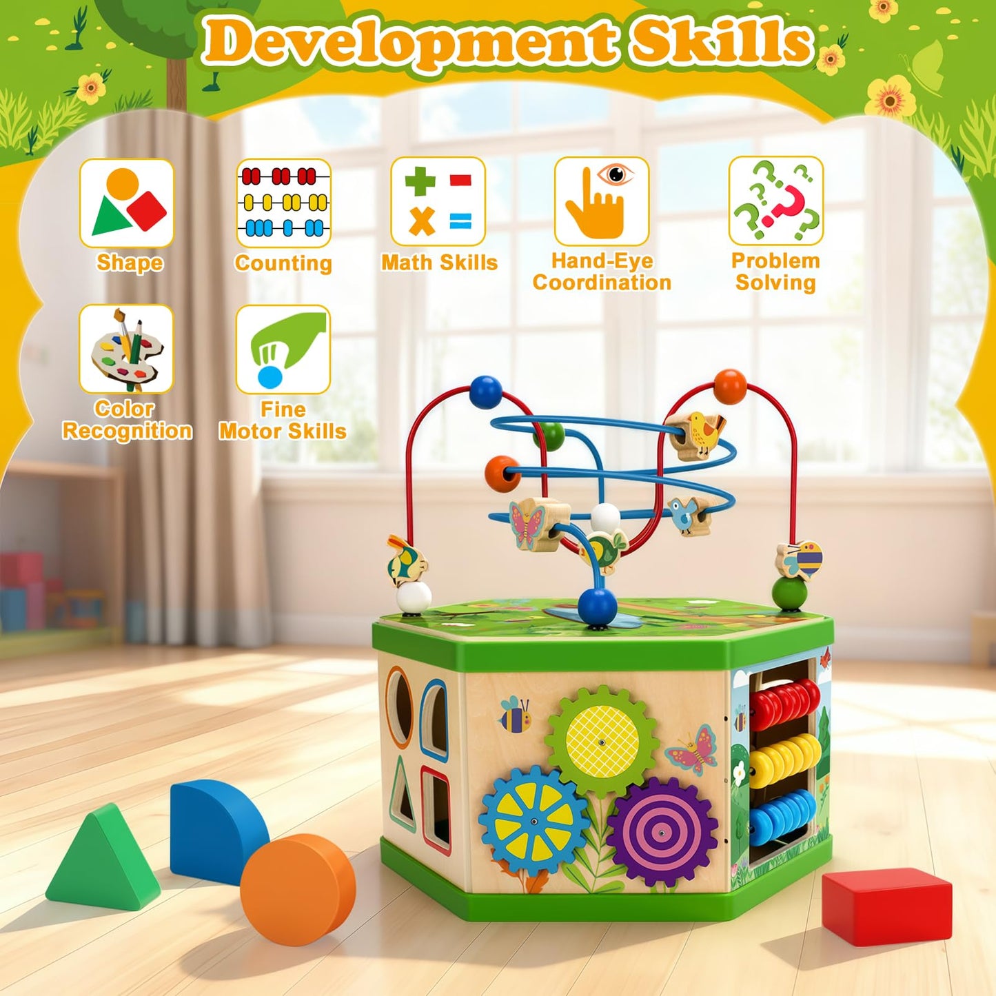 Wooden Activity Cube for 1 Year old, 12-18 Month Boys & Girls, 7-in-1 STEM Montessori Early Developmental Learning Toys for Kids Aged 1-2, Ideal 1st Birthday Gift Toys for Baby, Toddlers (Green)