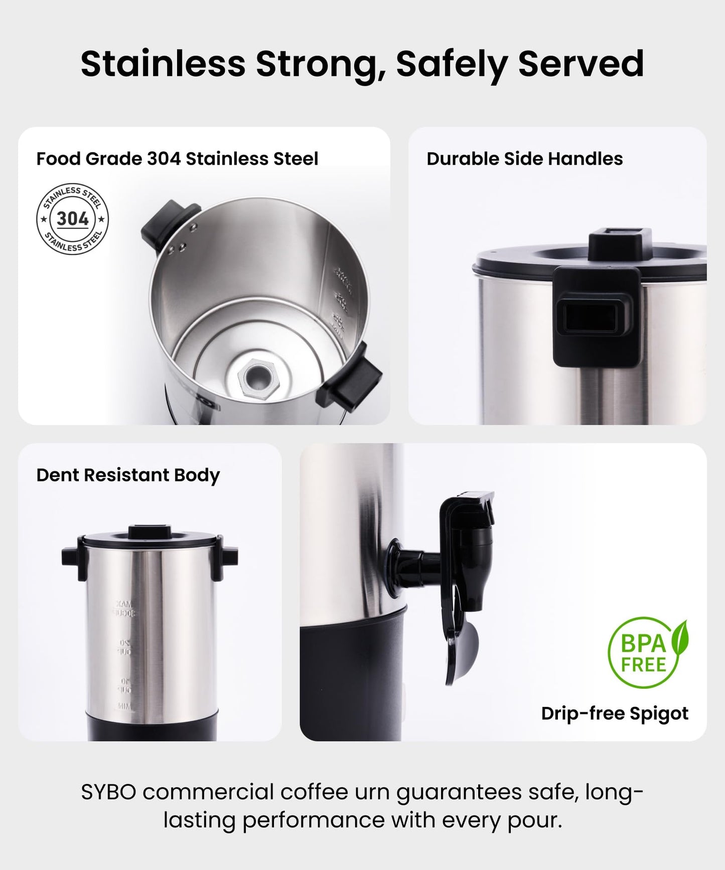 SYBO 45Cup Commercial Coffee Urn, Stainless Steel Percolate Coffee Maker, Hot Water Urn for Catering, Electric Coffee Pot Hot Beverage Dispenser, 6L, Metallic