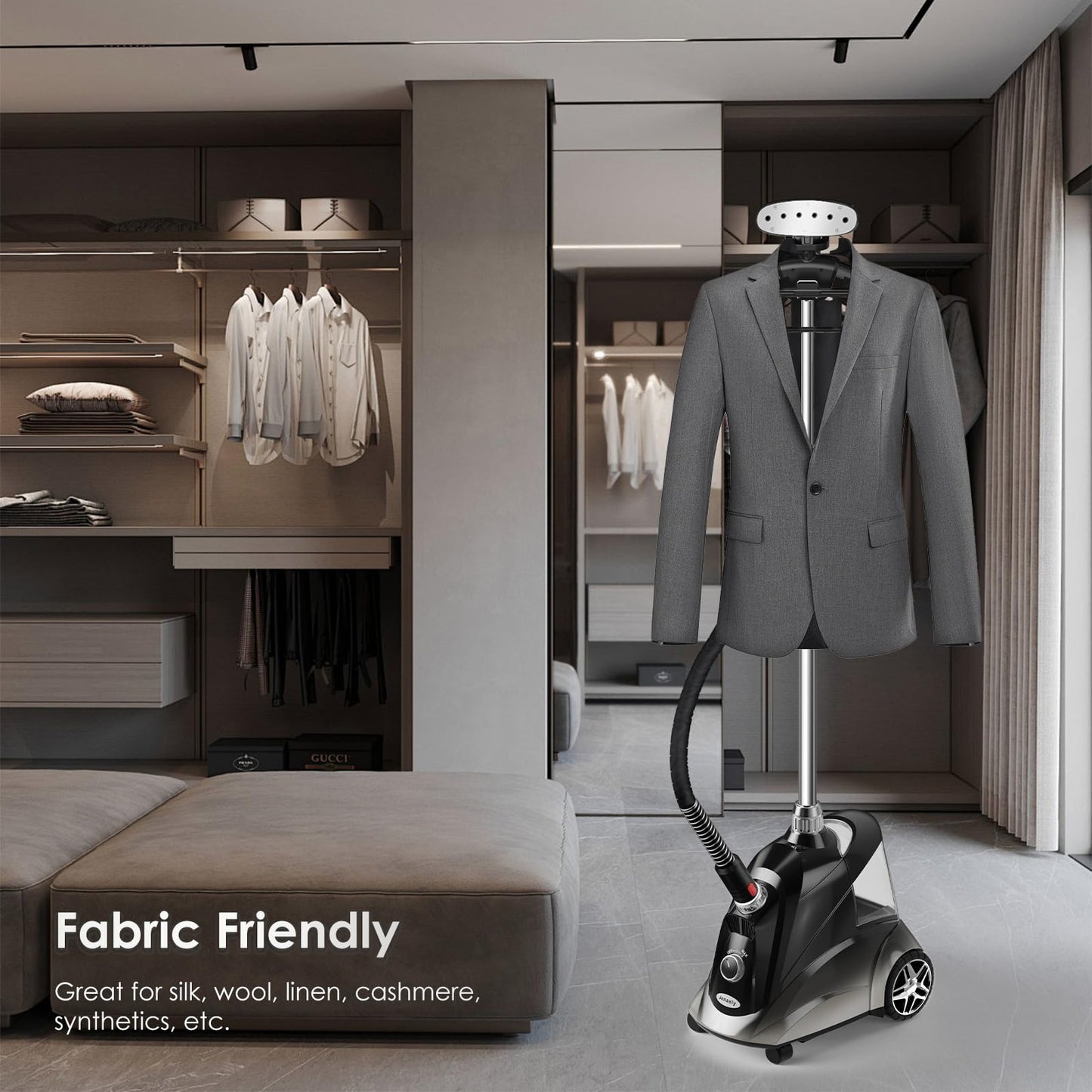 Steamer for Clothes, Jenaely 1500W Standing Garment Steamers, 35s Fast Heat-up, 80 Mins of Continuous Powerful Steam with 2.8L Water Tank, Pants Clip & Children's Clothing Hanger