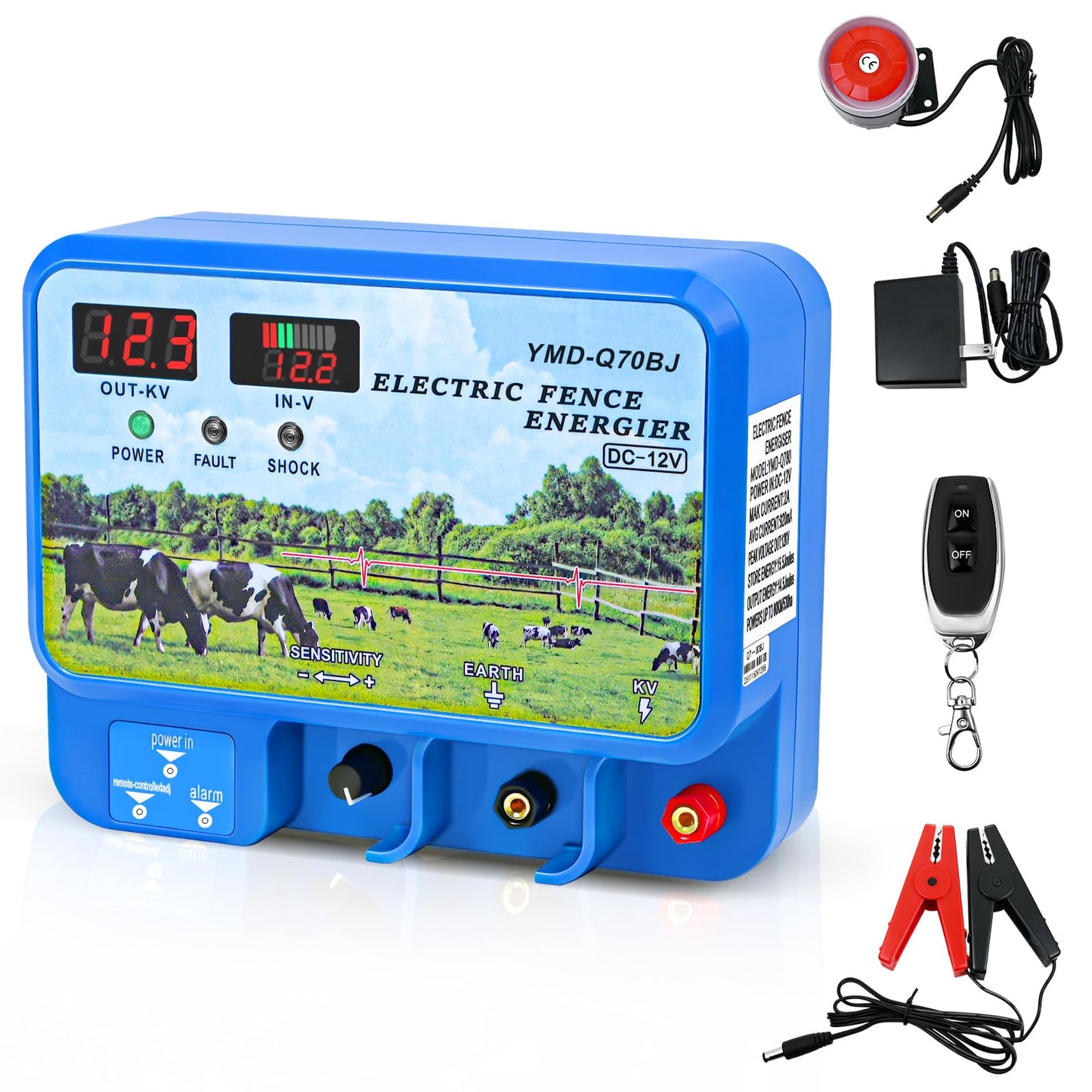 15.5J Electric Fence Charger, 15.5 Joules 600 Acres, AC DC 2 in 1 Powered Supply, Input 12V Output 12KV, with Display Remote and Alarm, Keep Out Predators, Contain Cattle Cow and Livestock