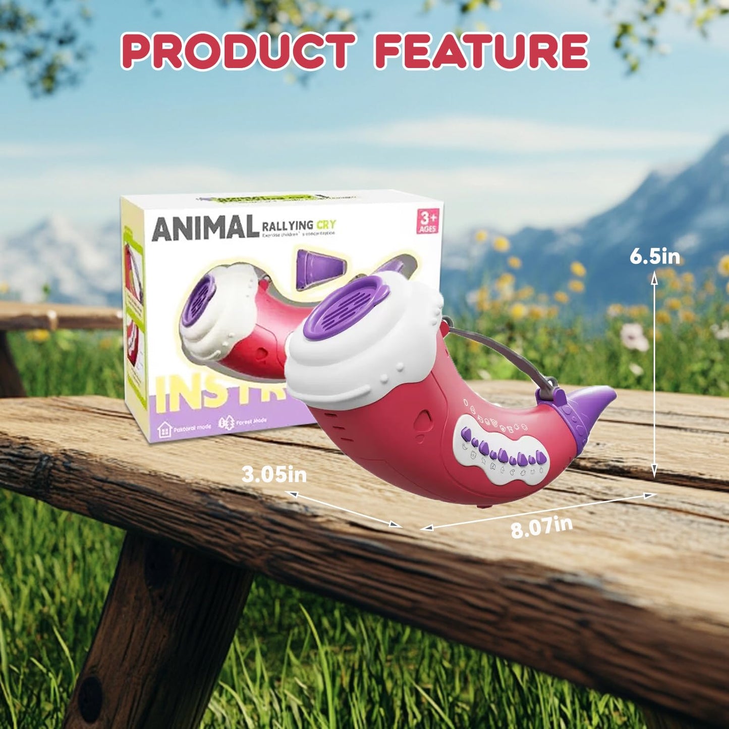 WDBZHYF Toys for 3 Years Old Boy Girl Birthday Gift, Music Animal Caller Toy with 30 Realistic Animal Sounds, Early Learning Toy for Kids Todlers with 8" Horn and 3-Level Lights (Crimson - Horn)