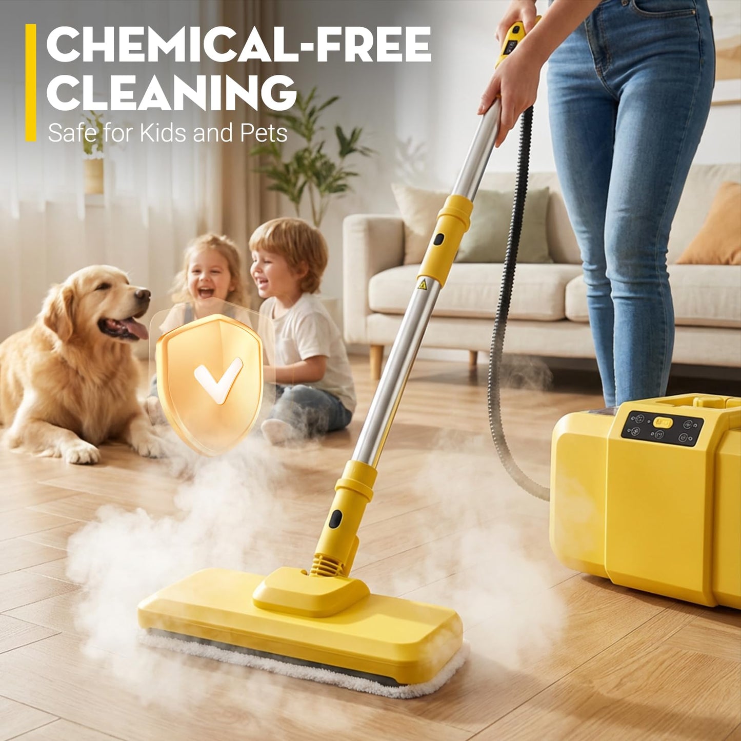 MOMOKOVA Steam Cleaner, Chemical-Free High-Pressure Commercial Steamer Cleaner with Unlimited Steam Injection, Fast Heat-Up, 2.2L Capacity, 14 Accessories for Floors, Grout, Upholstery (yellow)