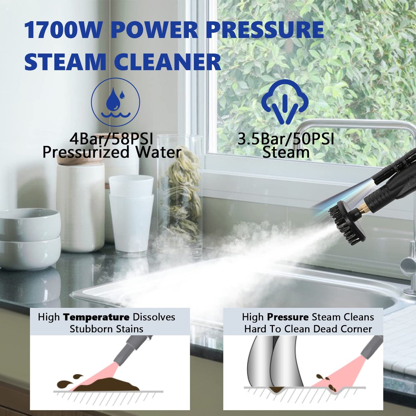Moongiantgo High Pressure Steam Cleaner, 1700W Power High Temp Portable Handheld Cleaning Machine for Car Detailing, Tankless Heavy Duty for Home Use Kitchen Bathroom Grout Tile