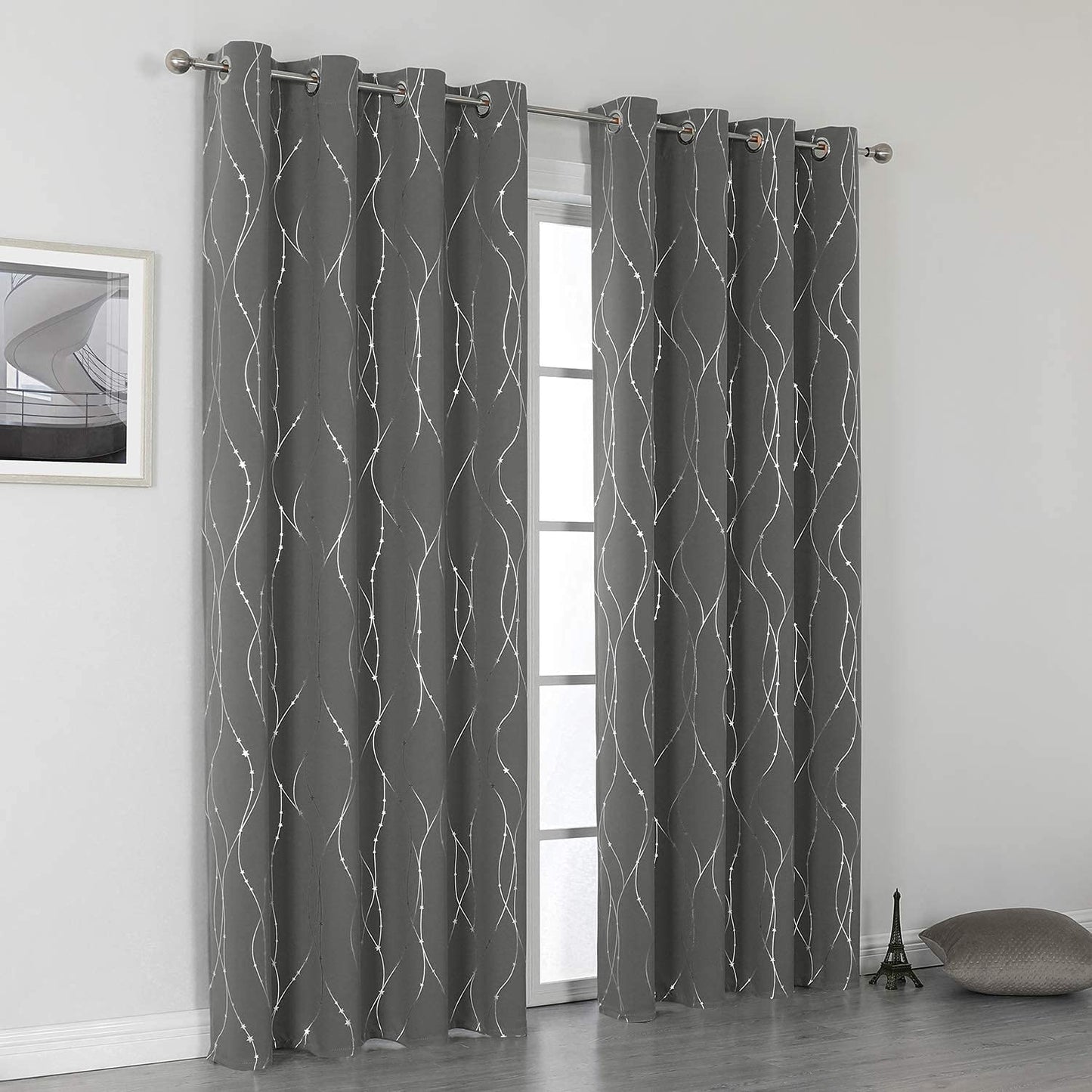 SMILE WEAVER Grey Blackout Curtains for Living Room 63 Inch Long 2 Panels,Room Darkening Curtain-Star Print Design Noise Reducing Thermal Insulated Light Blocking Bedroom Window Drapes
