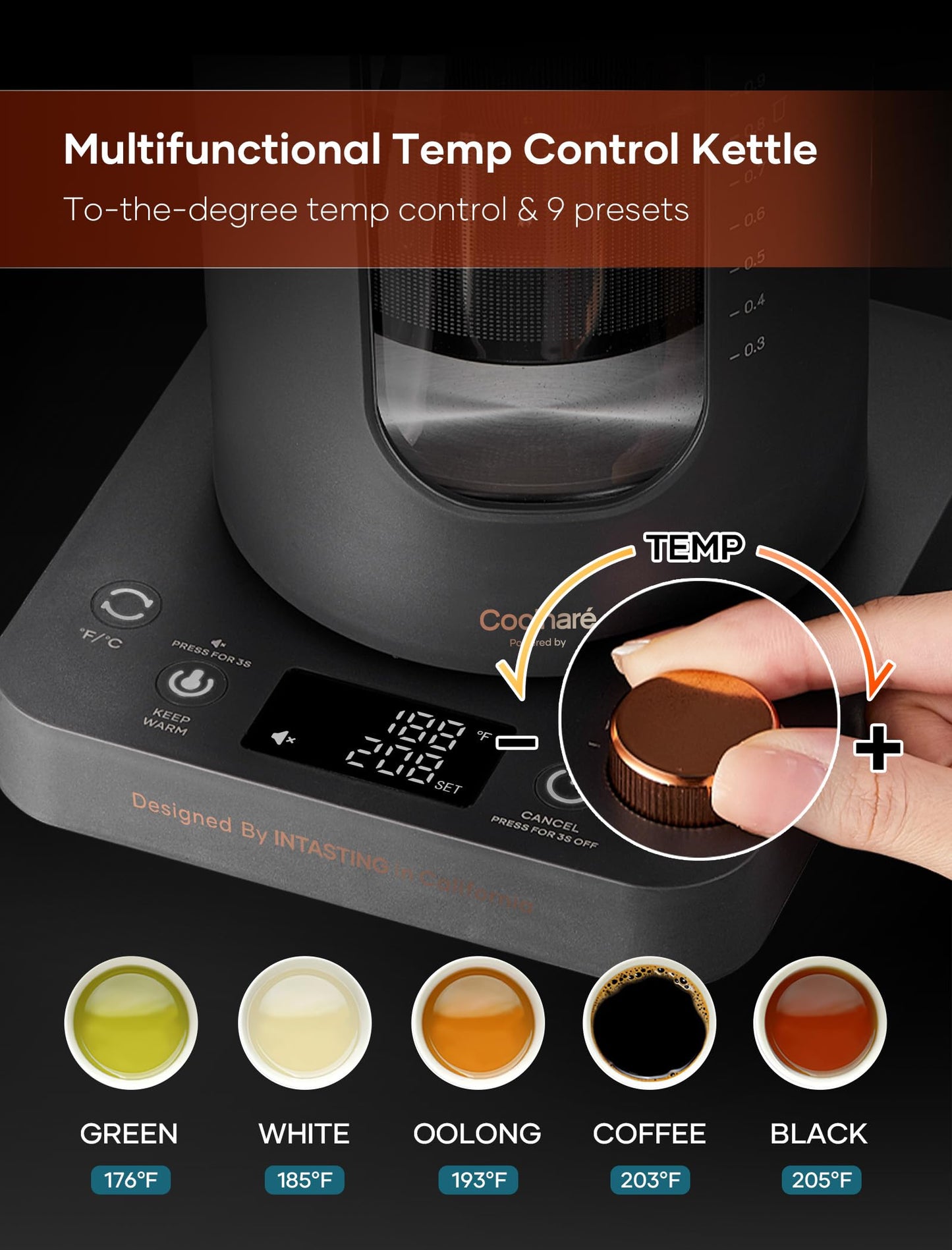 Electric Tea Kettle, INTASTING Glass Electric Kettle with tea Infuser and Precise knob temperature control, 1200W Fast Heating, BPA-Free, Easy to Clean, for Tea and coffee, 1 Liter (Dark Gray)