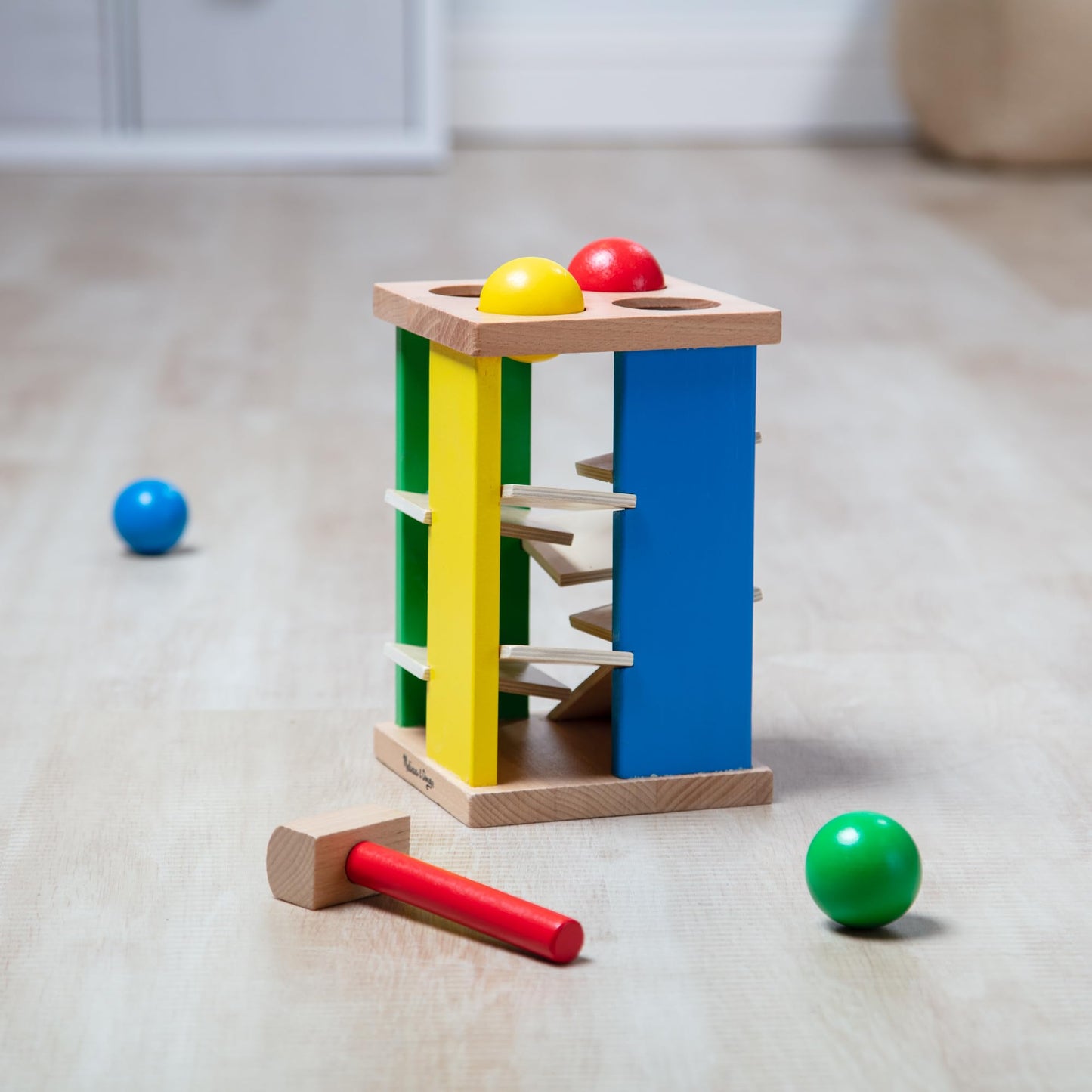 Melissa & Doug Deluxe Pound and Roll Wooden Tower Toy with Hammer, White