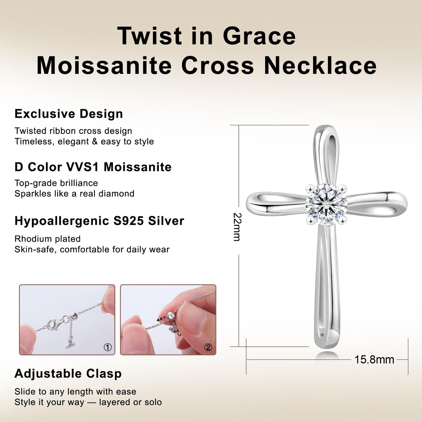 KRKC&CO Moissanite Bolo Tennis Bracelets and Moissanite Cross Necklace for Women: D Color VVS1, Adjustable Length S925 Sterling Silver, Gifts for Her, Luxury Box