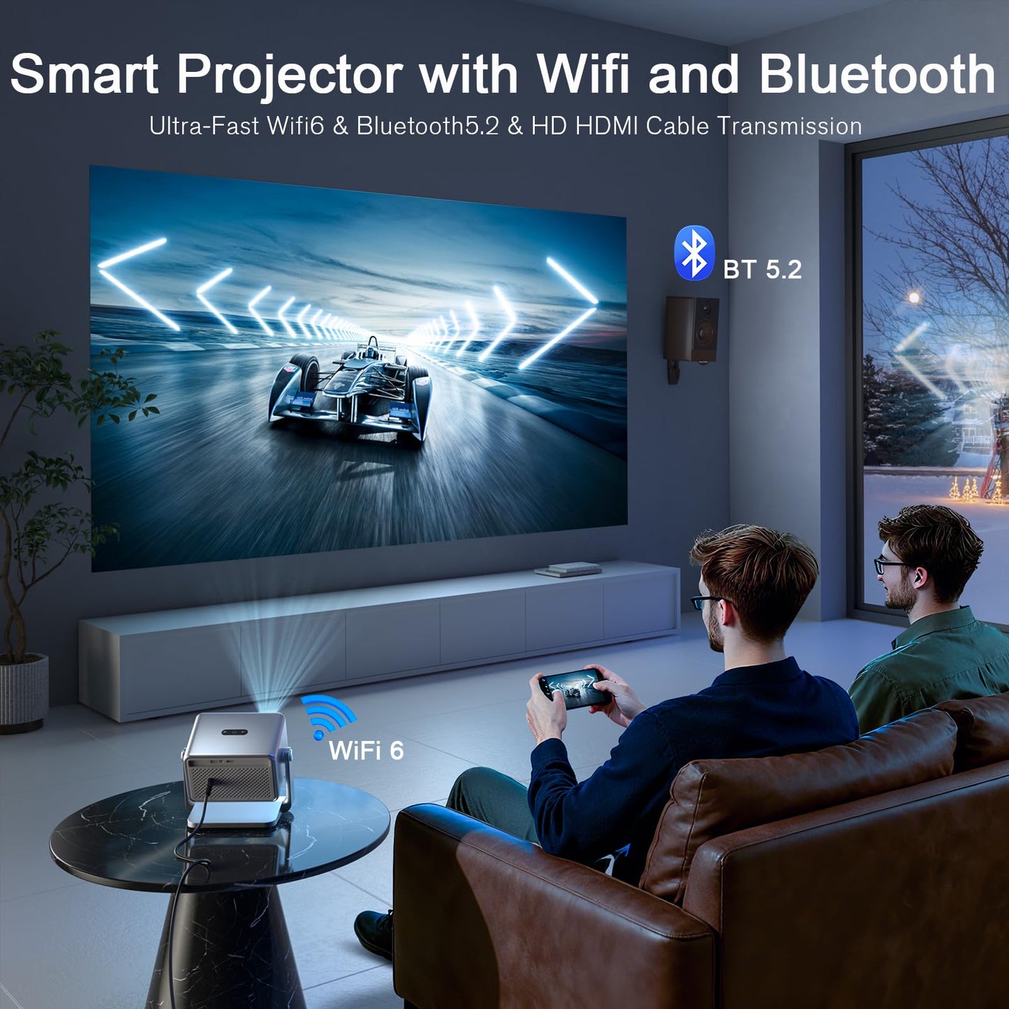【Officially-Licensed APP & 2000 ANSI】4K Smart Projector with WiFi and Bluetooth, VOPLLS Auto Focus Portable Outdoor Projector, Movie Home Theater Proyector Adjustable Stand