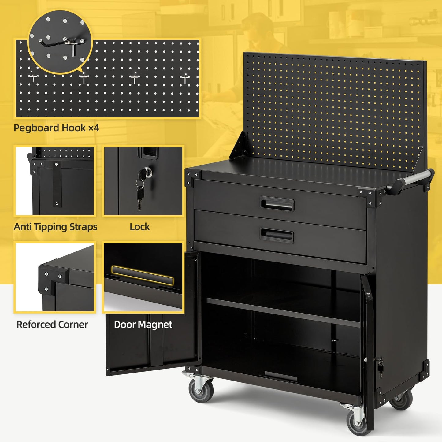 JFHID 52'' Work Bench for Garage with Pegboard Drawers and Cabinets Heavy Duty Metal Frame Tool Bench for Shop Kitchen Cabinets Organizer Work Table with Wheels