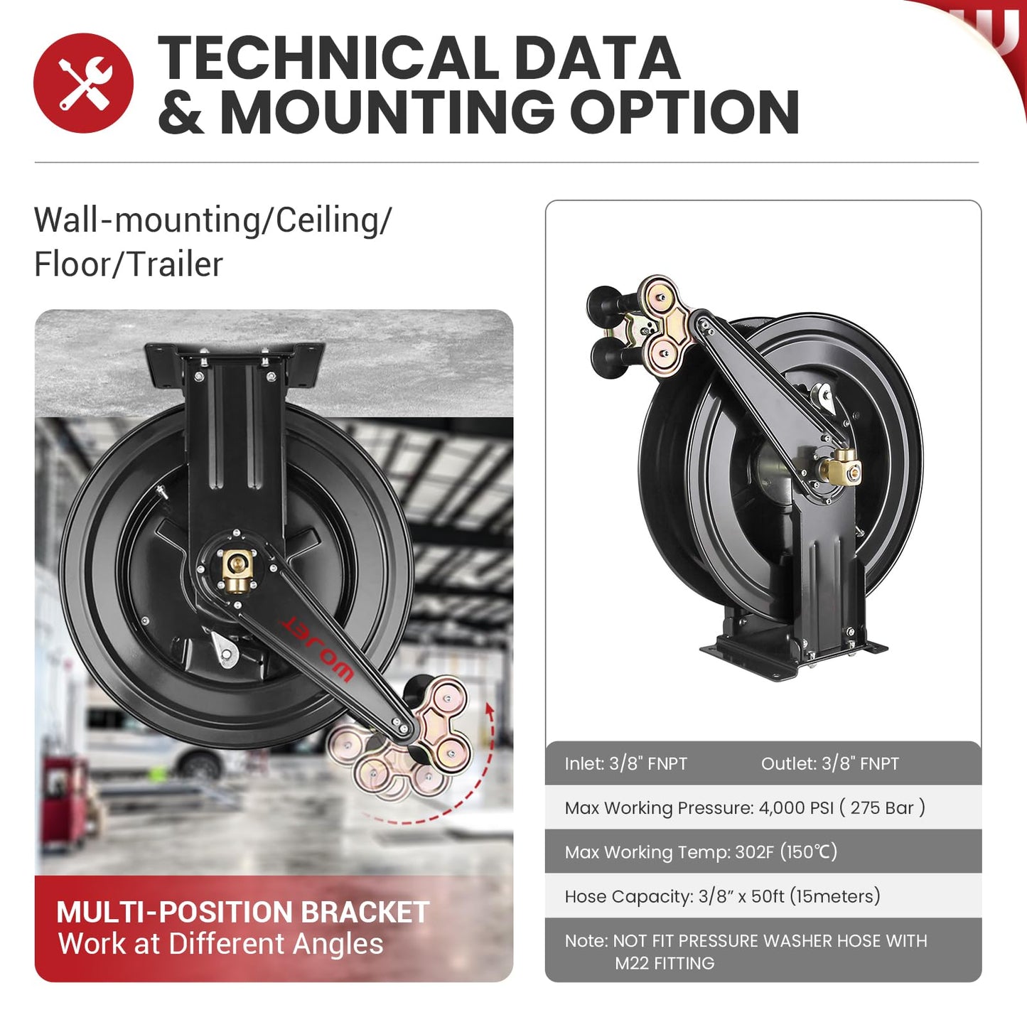 WOJET Pressure Washer Hose Reel 50 ft x 3/8 in, Retractable Hose Reel for Water/Air/Oil, Heavy Duty Hose Reel in Steel, Power Washer Reel with Dual Arm, Auto Rewind, Max 4000PSI (Without Hose)