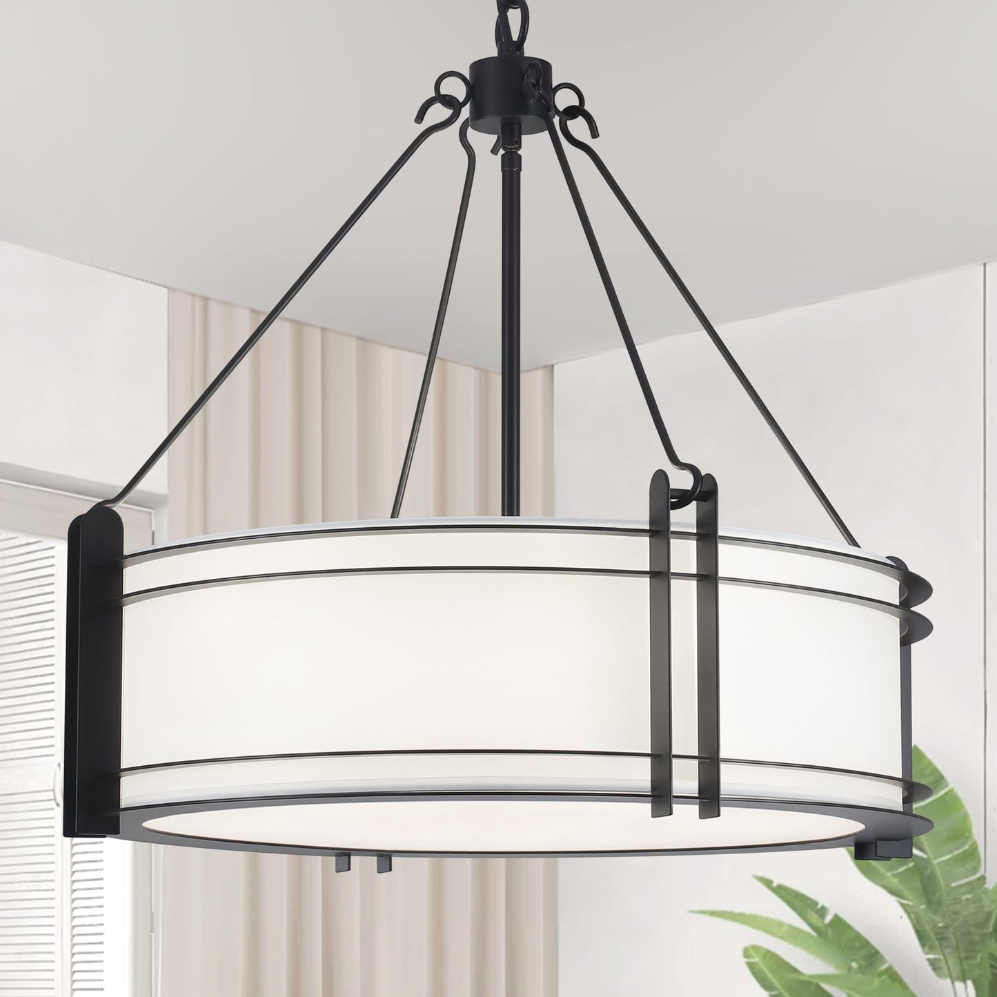 NZZDYI 20.4''Drum Chandelier,5-Light Fabric Modern Chandeliers,Black Farmhouse Round Pendant Light Fixture for Dining Room Kitchen Island Living Room Bedroom Hallway