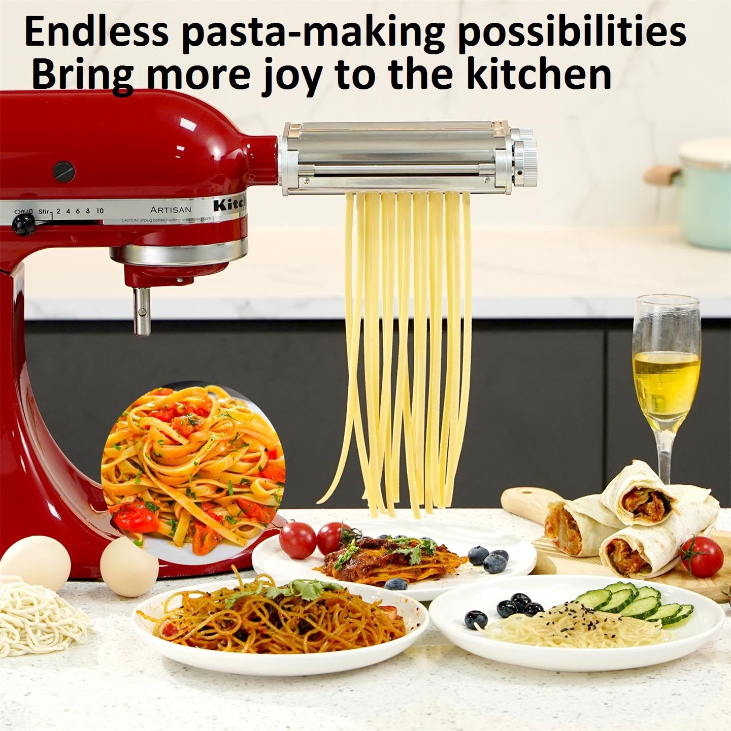 FavorKit Pasta Maker Attachment 3 in 1 Set for KitchenAid Mixers Plus Hub Knob Screw Accessory Included Dough Sheet Roller, Spaghetti & Fettuccine Cutters and Cleaning Brush