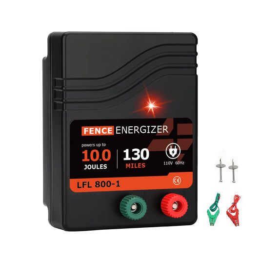 Electric Fence Charger AC Powered 130 Miles, 110 Volt 10 Joule Plug-in Electric Fence Energizer, Output Voltage Max 11.4 KV for Livestock, Preventing Predators from Intruding