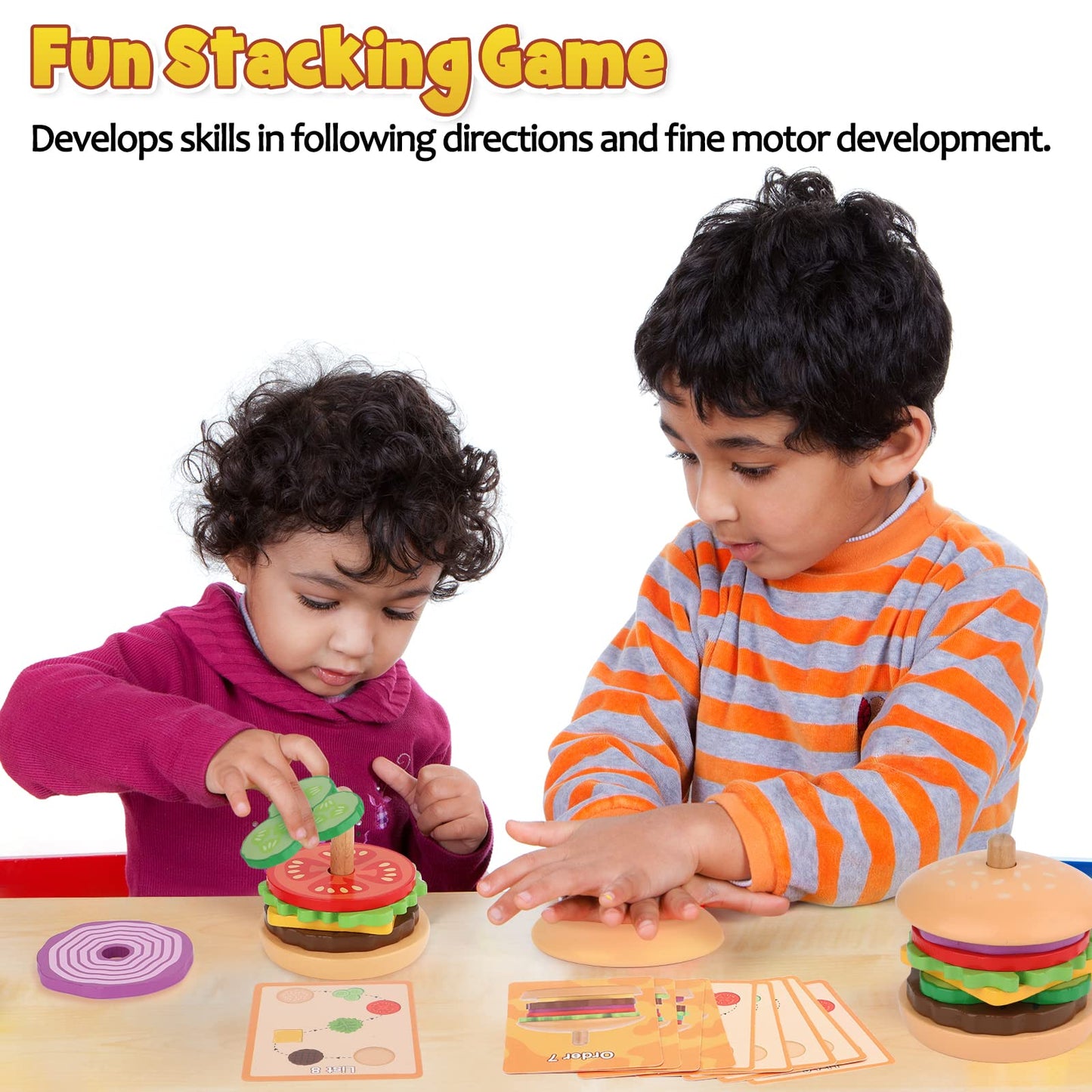 Aizweb Montessori Toys for 3 Year Old - Wooden Burger Stacking Toys for Toddlers and Kids Preschool, Educational Toys, Fine Motor Skill Toy, Blocks for Toddlers, Learning Toys