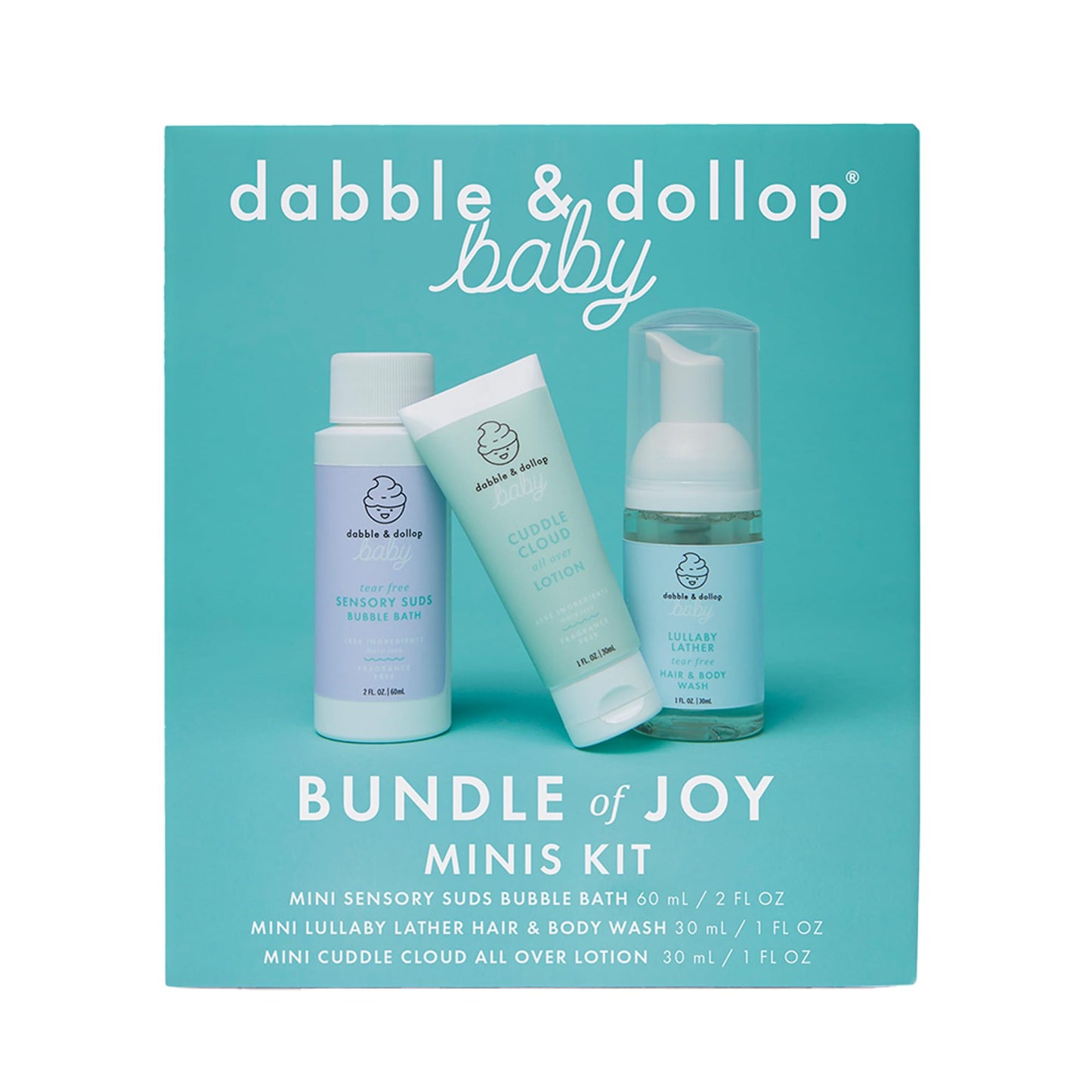 Dabble & Dollop Baby Minis Kit – Fragrance-Free, Tear-Free Shampoo & Body Wash, Bubble Bath and All Over Lotion, Travel Size Baby Toiletries or Gift Set for Newborns & Sensitive Skin