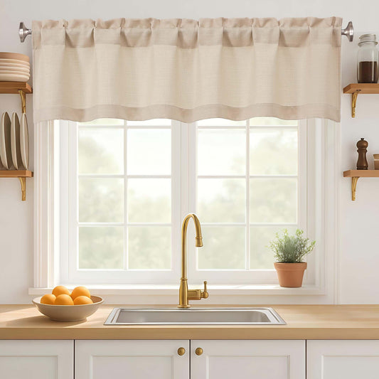Ebesto Valance for Windows 14 Inch Length, Light Filtering Faux-Linen Modern Short Valance Kitchen Curtain for Basement, Rod Pocket Farmhouse Short Curtain, Linen Color, 1 Piece, 60Wx14L Inches