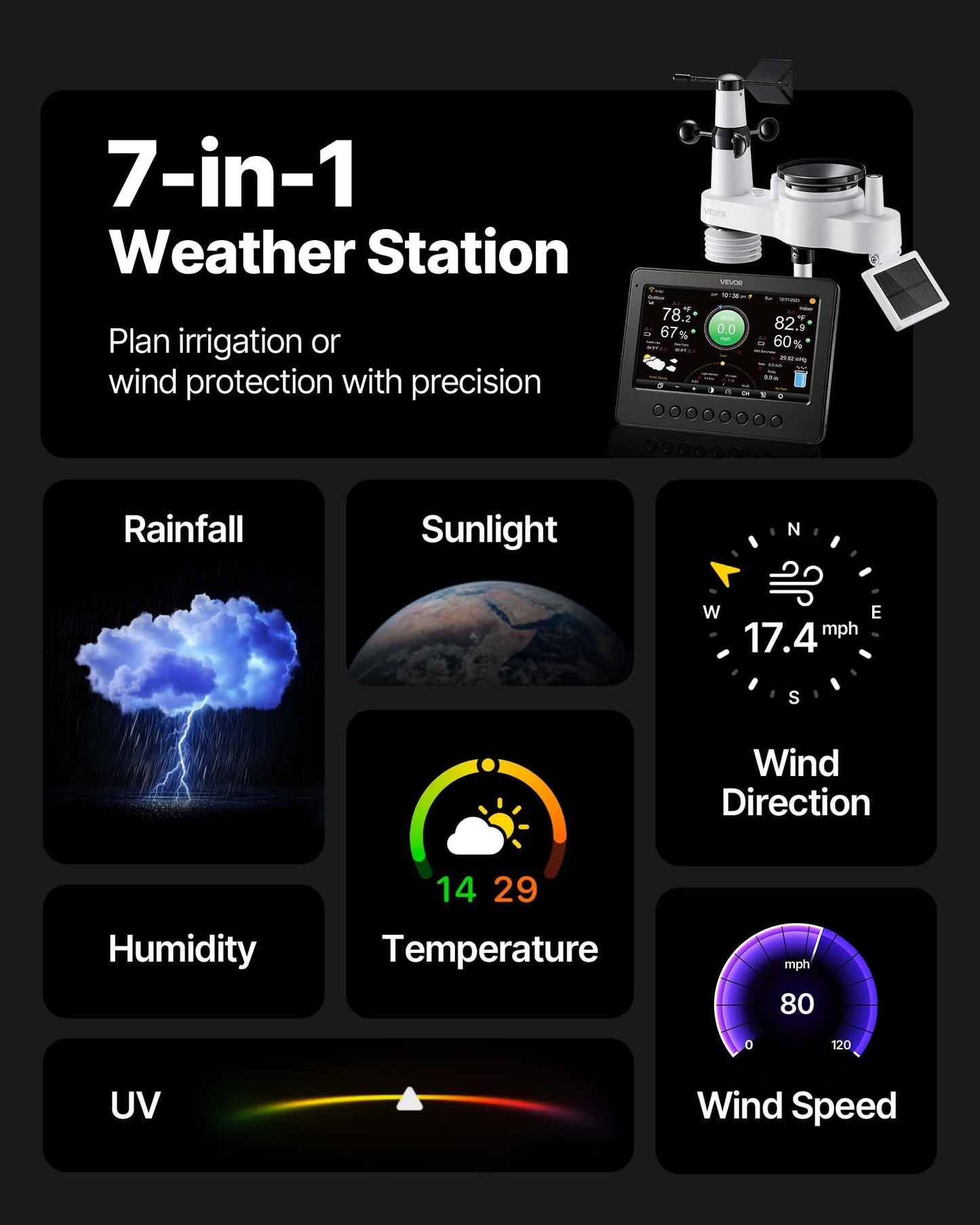 VEVOR 7-in-1 Wi-Fi Weather Station, 7-Inch TFT Display, Wireless Solar Powered Outdoor Sensor, Rain Gauge, Indoor Outdoor for Weather Forecast, Wind Speed Direction, Temperature, Humidity, Rainfall