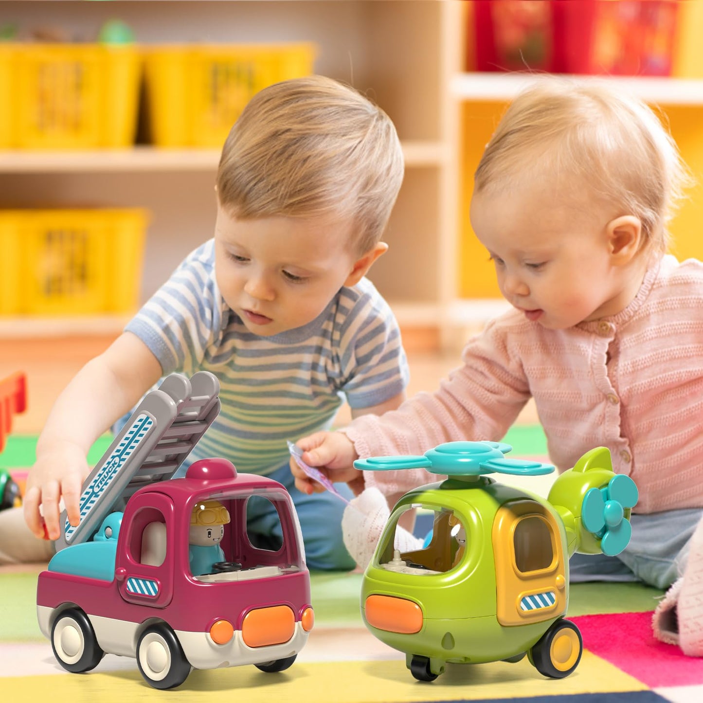 PANITU Baby Toys Push Cars for 1 2 3 Year Old 2 Pack Friction Powered Airplane Fire Trucks for Toddlers 1-3 Lights and Musical Toys for 1 Year Old First Birthday Gifts for Toddler