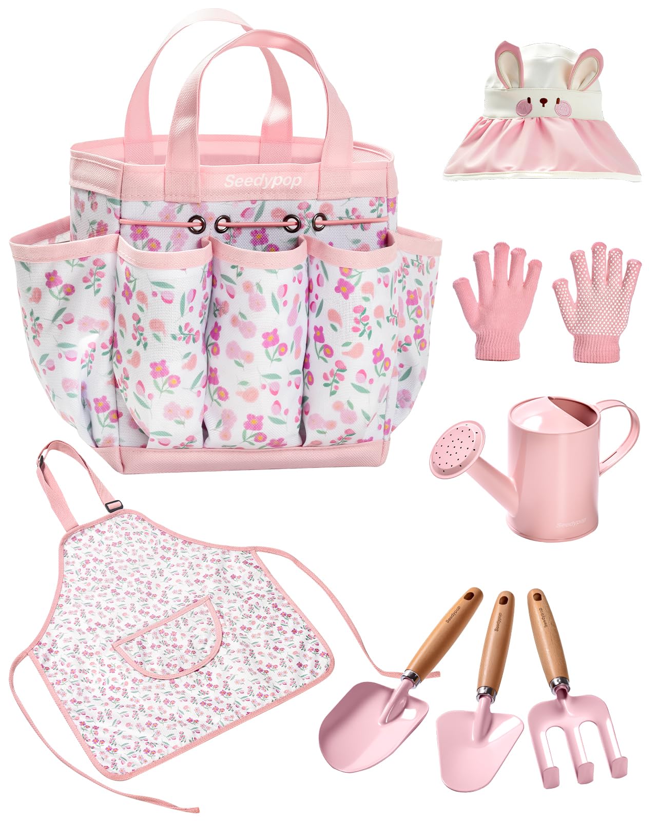 Seedypop Kids Gardening Tool Set Toys - 8 Pieces Quality Garden Kit for Toddlers & Kids with Shovels, Rake, Watering Can, Hat, Apron, Gloves & Storage Bag (Pink Flower)