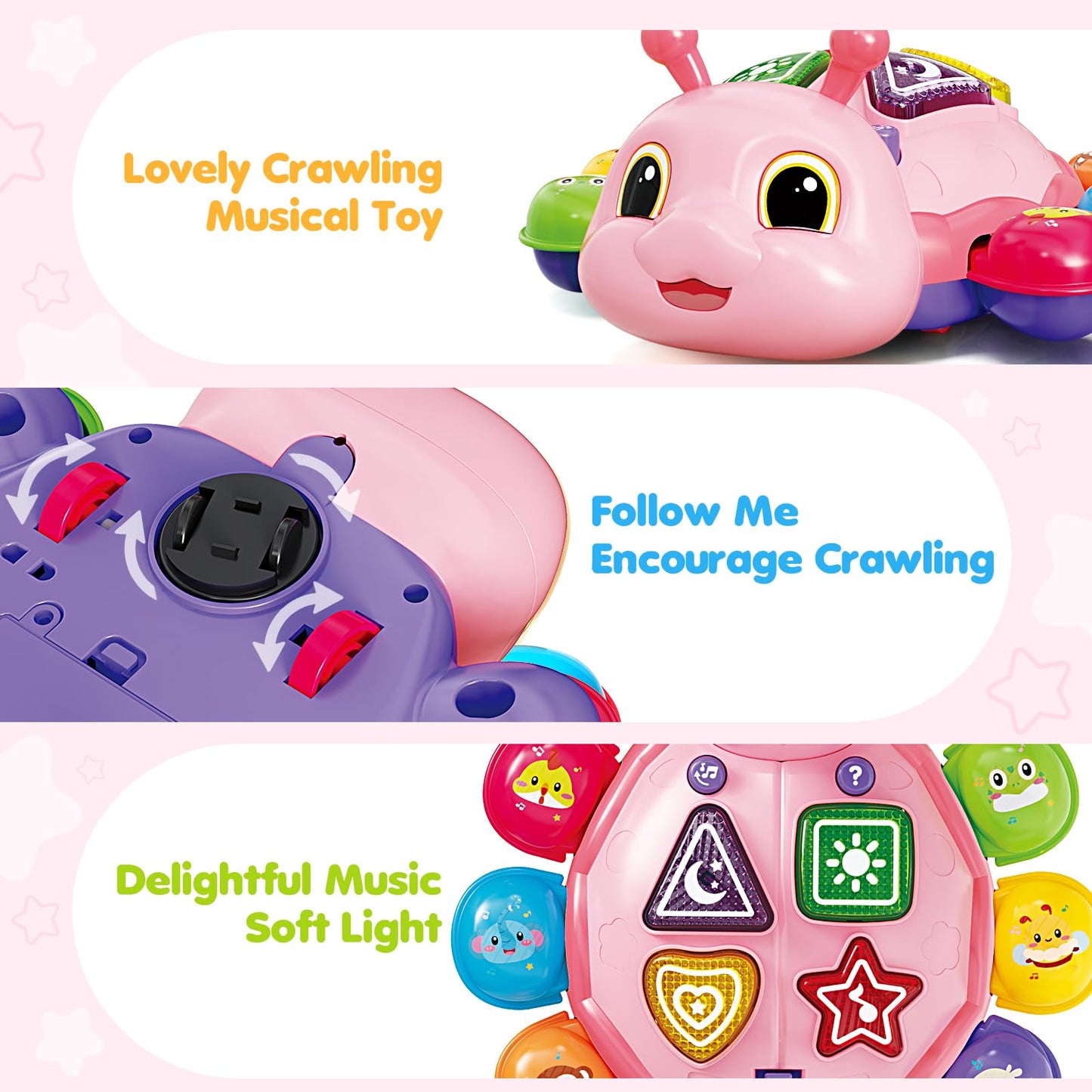Baby Crawling Toys for 6-12 Months, Musical Toys for Infants 7 8 9 10 11 Months, Early Learning Educational Toy with Sound, Tummy Time Development Toys, Christmas Birthday Gifts for 1 Year Old, Pink