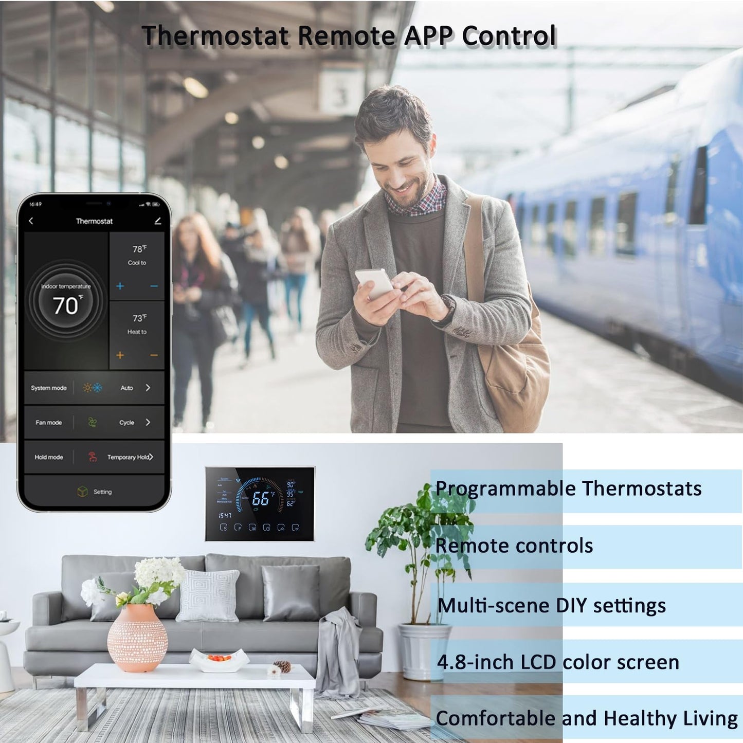 Bestechy Smart Thermostats for Home, Digital Thermostat with App, WiFi Thermostats for Home Heat Pumps, Cooling Heating & Auto, Includes C-Wire Adapter, LCD Screen/Voice Control/Weather/Energy Saving
