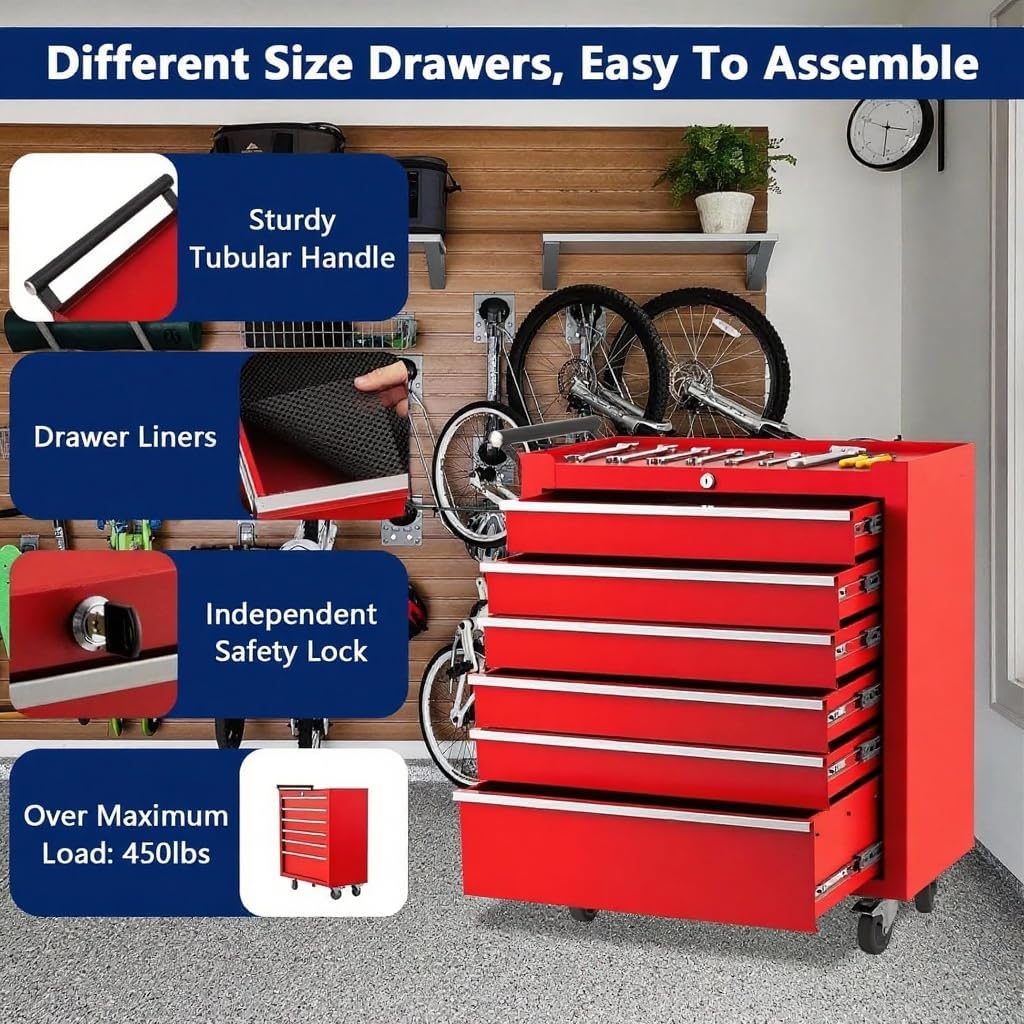 GarveeTech 6-Drawer Tool Chest, Rolling Tool Box with Wheels and Lock System, Portable Storage Rolling Tool Chest for Warehouse, Workshop & Repair Shop, Red