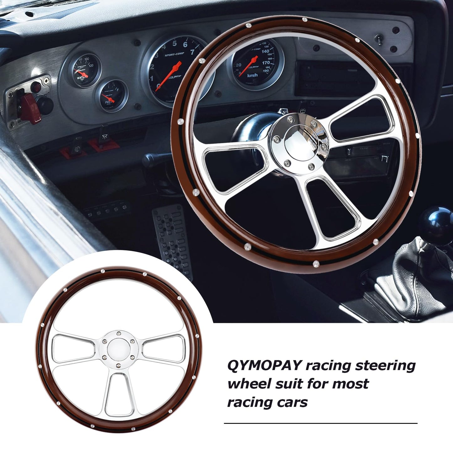 QYMOPAY Universal Racing Steering Wheel 14 Inch 6 Bolt Silver Aluminum 3 Spoke Muscle Style Steering Wheel with Horn Button for Racing/Rally/Motor sports Rivet