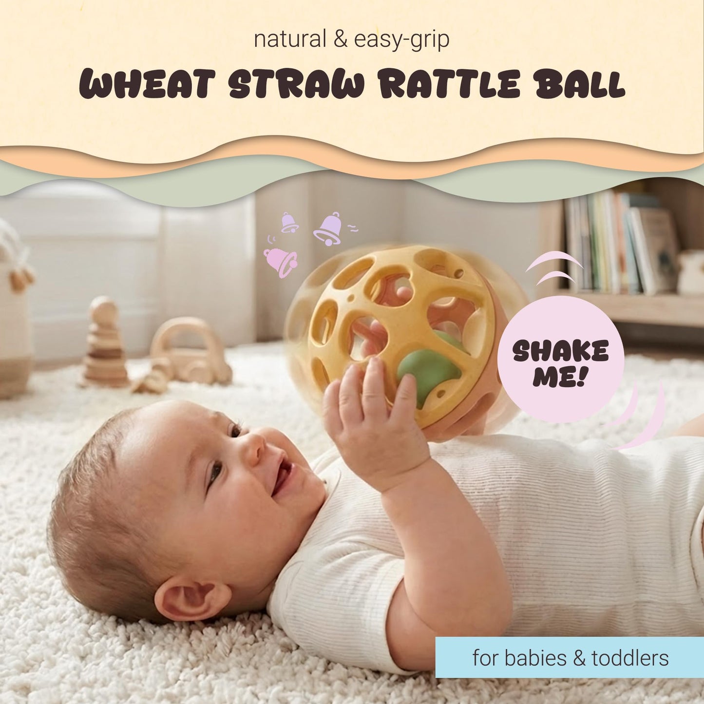 ROHSCE Sensory Rattle Balls Textured, Baby Teething Sensory Montessori Toys Soft Chew Toy with Rattles for Babies, Safe Wheat Straw Travle Toys, Developmental Newborn Baby Toys 6 to 12 Months, Yellow
