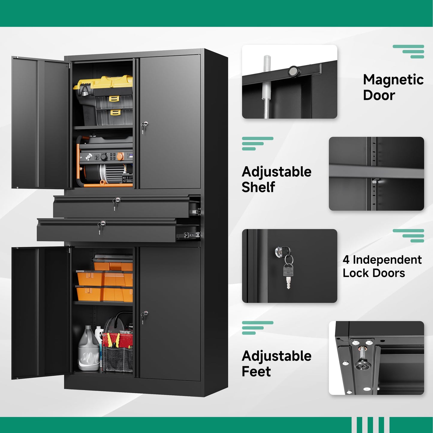 Letaya Metal Garage Storage Cabinet,71" Heavy Duty Steel Tool Cabinet with 4 Door Lock-Adjustable Shelves and 2 Drawer for Garage Home Office Utility Room (Black)