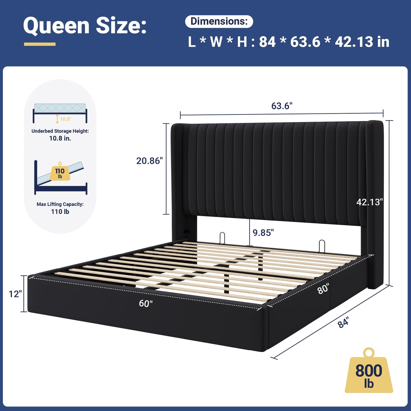 Allewie Queen Size Lift Up Storage Bed Frame, Hydraulic Support System, Upholstered Platform Bed Frame, Underneath Storage, Vertical Channel Tufted Headboard with Wingback, No Box Spring Needed, Black