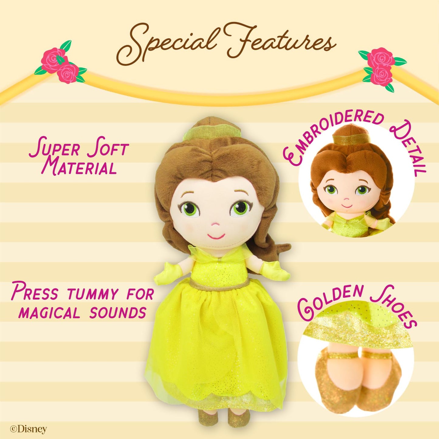 Kids Preferred Disney Baby - Belle 12" Plush Doll with Musical Sounds - Beauty & The Beast Collectable Stuffed Animal for Babies, Toddlers and Kids