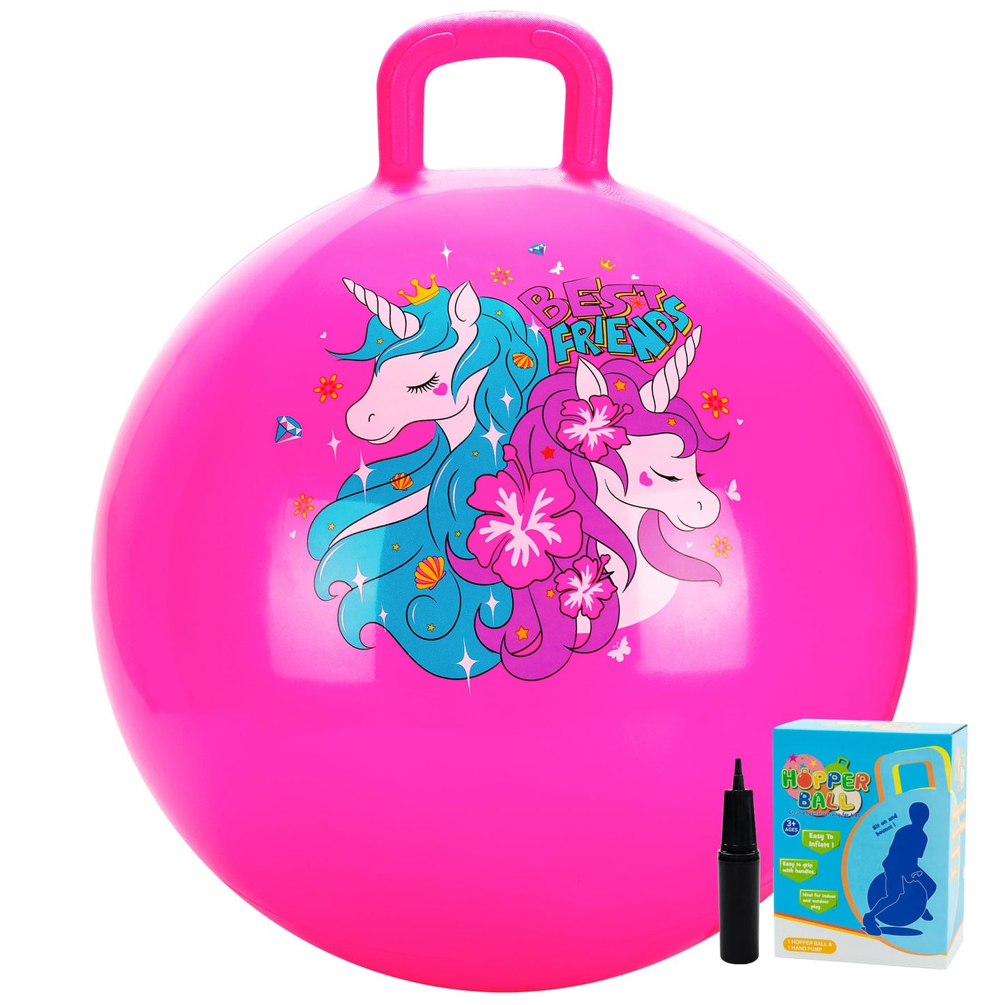 U&C Planet Hopper Ball,18 inches Bouncy Ball with Handle for Kids Age 3-6, Sit on Bounce Jumping Hopping Toy with Pump, Great Toddler Girls Toys for Birthday Gifts, Pink Unicorn