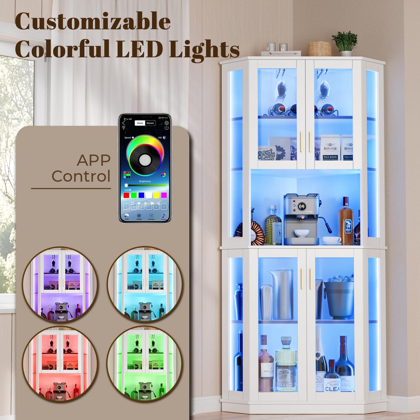 Loomie 71'' Corner Wine Bar Cabinet with LED Lights,5-Tier Tall Home Liquor Coffee Bar Cabinet W with Tempered Glass Door & Glasses Rack, Alcohol Cabinet Storage Hutch for Kitchen,Living Room (White)