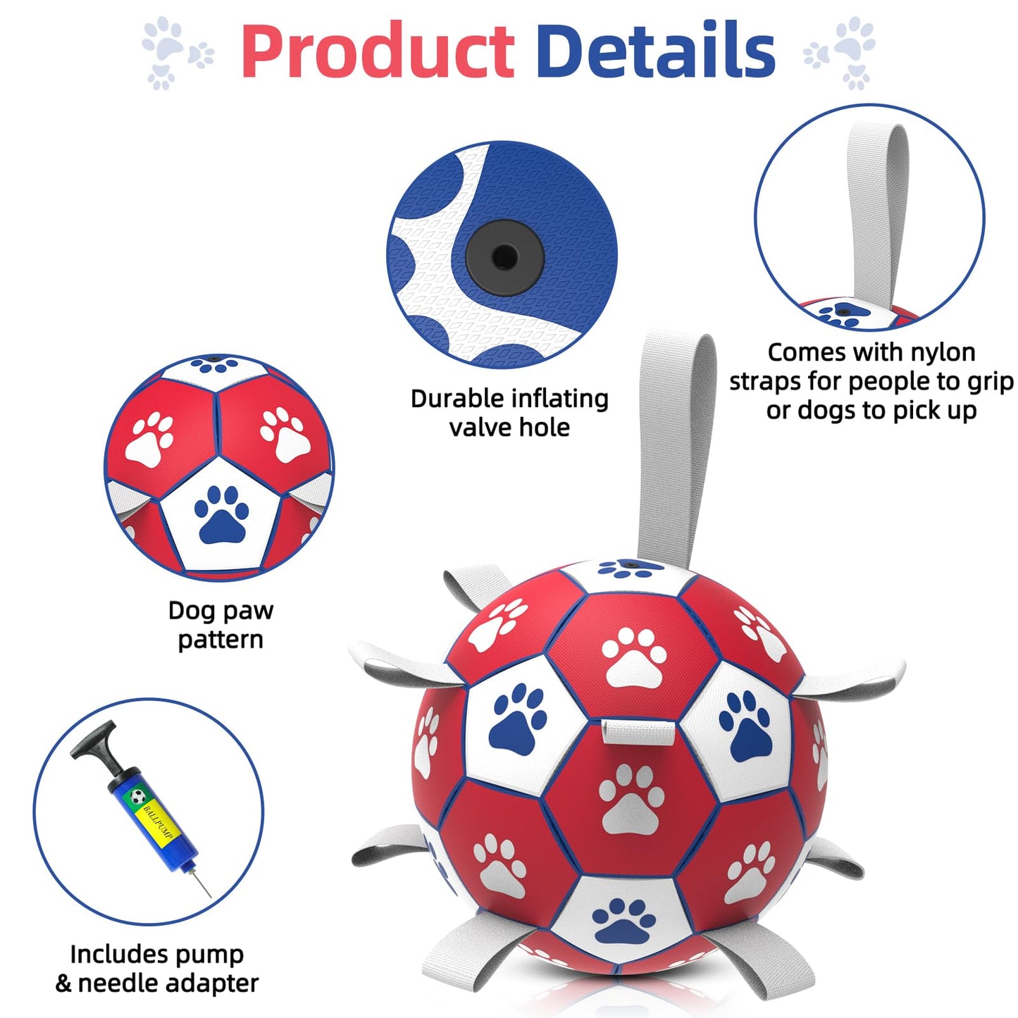 Diman Dog Balls, Dog Soccer Ball with Straps for Indoor Outdoor Play, Pet Toys Balls for Small Medium Dogs, Dog Birthday Gift, Interactive Dogs Toy for Tug of War (6 inch)