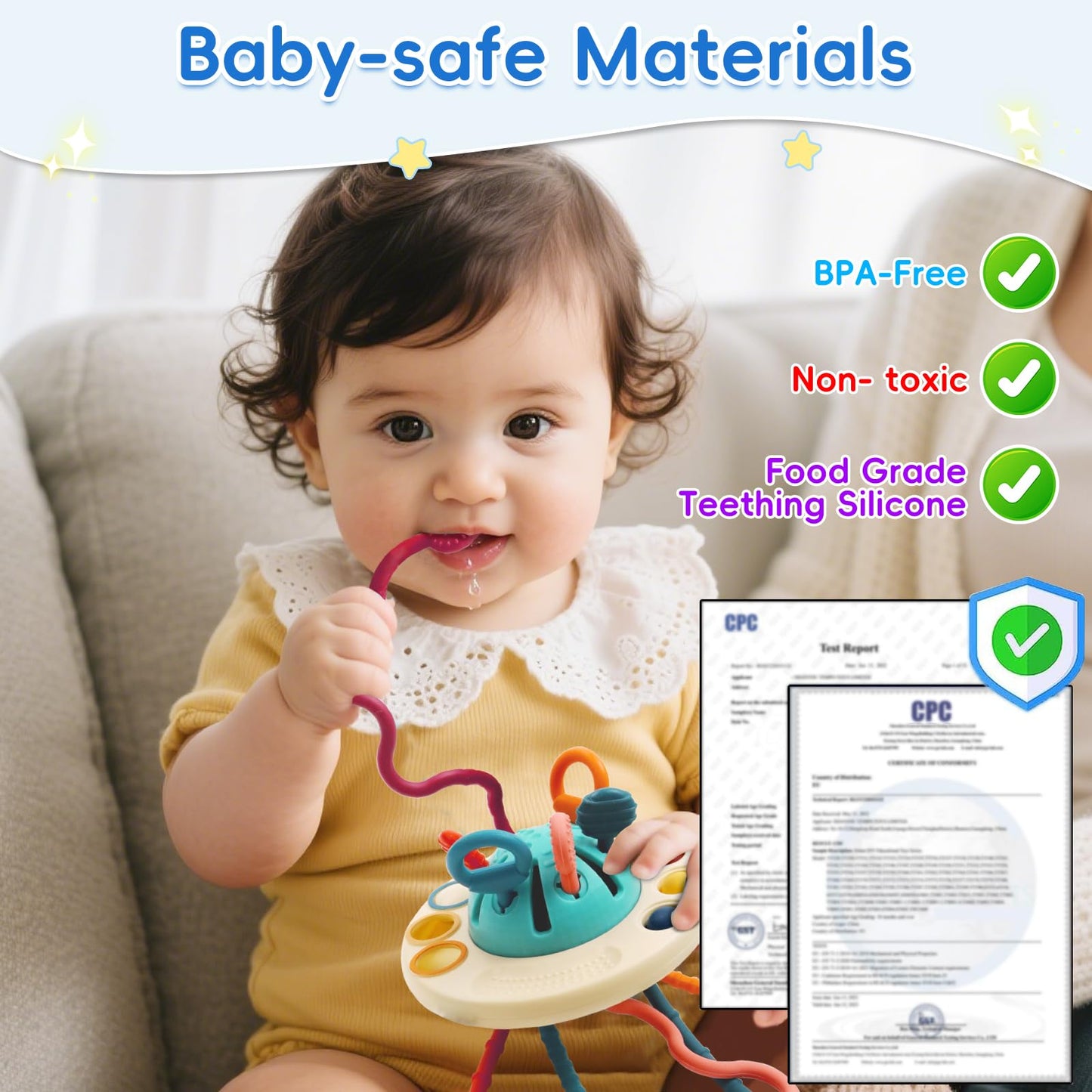 Fyxttalor Baby Toy for 12M+, Montessori Sensory Toy Play Set for Toddlers, UFO Pull String Toy in Stollers Educational Toy for Development Fine Motor Skills Gift for Boys& Girls