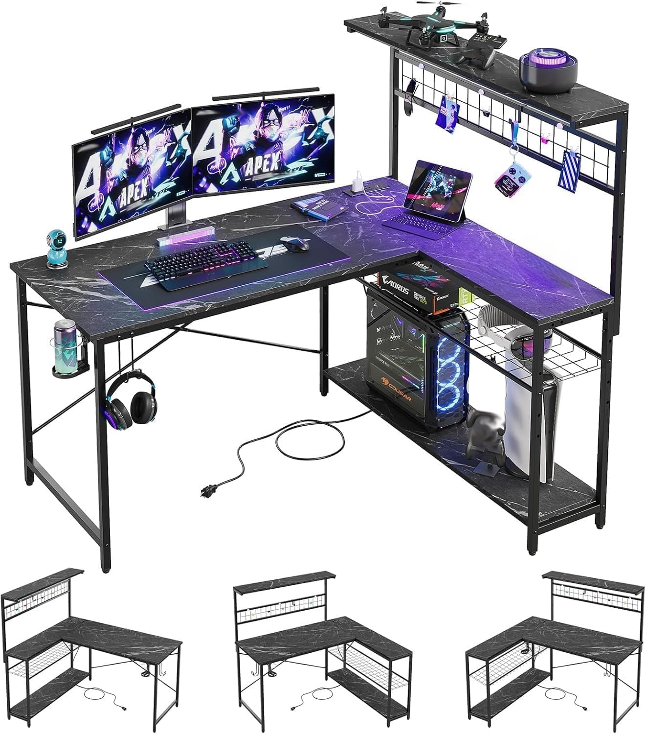 Bestier 42 L Shaped Gaming Desk, Computer Desk with Power Outlets & LED Light, Reversible Corner Desk with Shelves, Home Office Desk with Storage, Black Marble