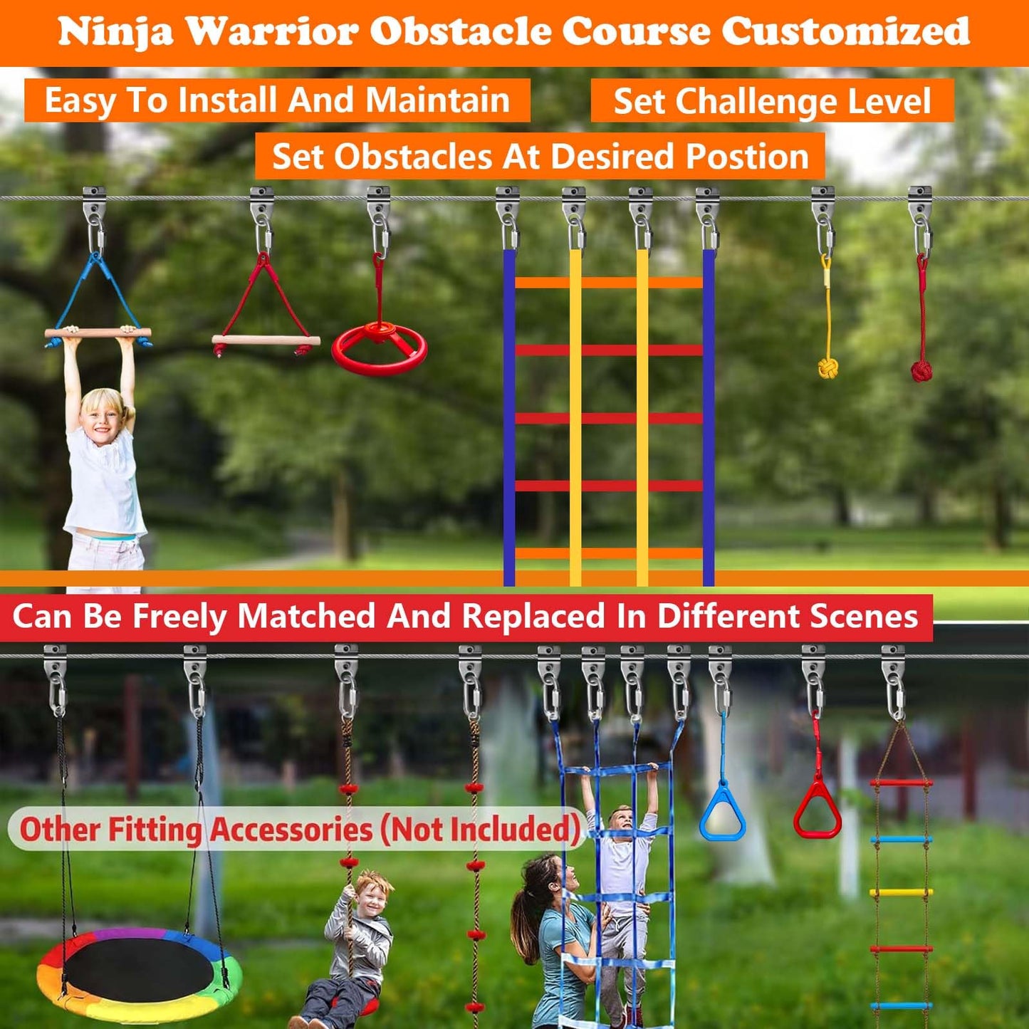 SZHTMZXC Ninja Warrior Obstacle Course for Kids Backyard Outdoor, 65ft Stainless Steel Main Cable, 65ft Bottom Slackline, Weatherproof, 14 Pcs Training Accessories, Climbing Net, Swing, Ladder