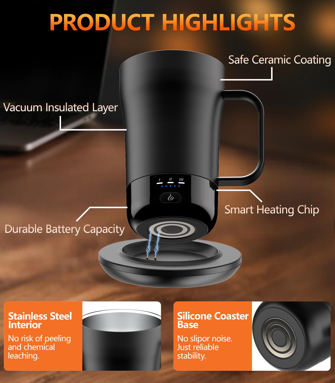 Self-Heating Coffee Mug, 14oz Heated Coffee Mug - Rechargeable Temperature Control Coffee Mug Keep Coffee Hot All Day, Smart Mug Great Gift for Coffee Lovers & Slow Sippers