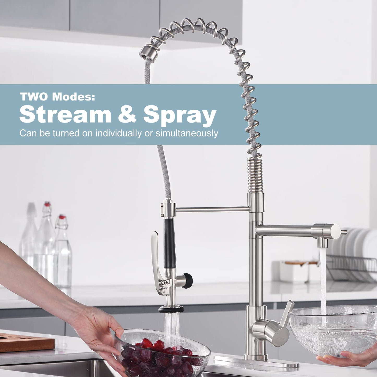 Commercial Kitchen Faucet Deck Mount with Pre-Rinse Sprayer, WOWOW 28" Height Solid Brass Commercial Kitchen Sink Faucet, Brushed Nickel Spring Kitchen Faucet 1 or 3 Hole