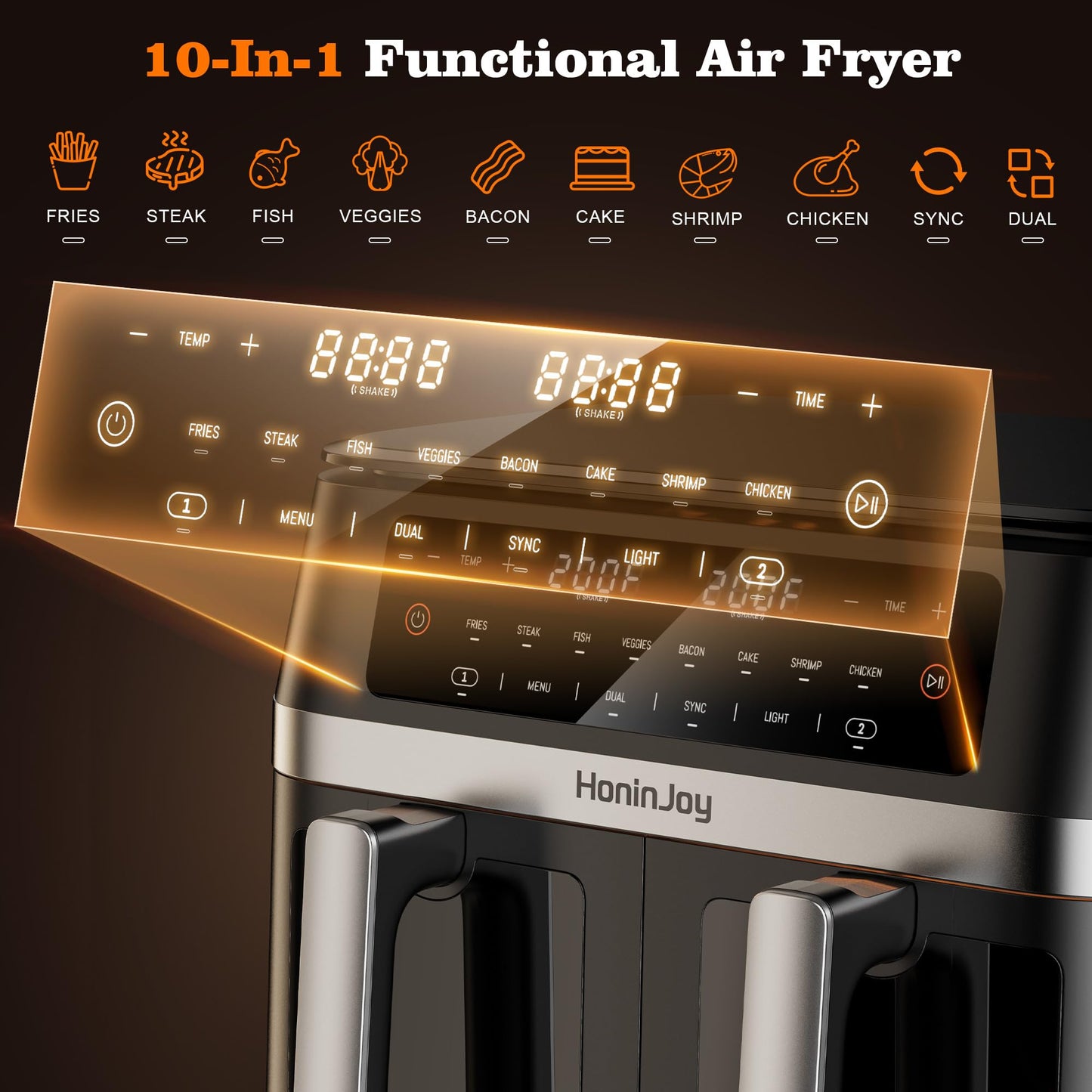 HoninJoy 12QT Large Dual Basket Air Fryer with Viewing Window and 50pcs Paper Liners, 10-in-1 Digital Touchscreen Double Zone Air Fryers, SyncCook to Bake,Roast,Reheat,Broil, Nonstick Dishwasher Safe