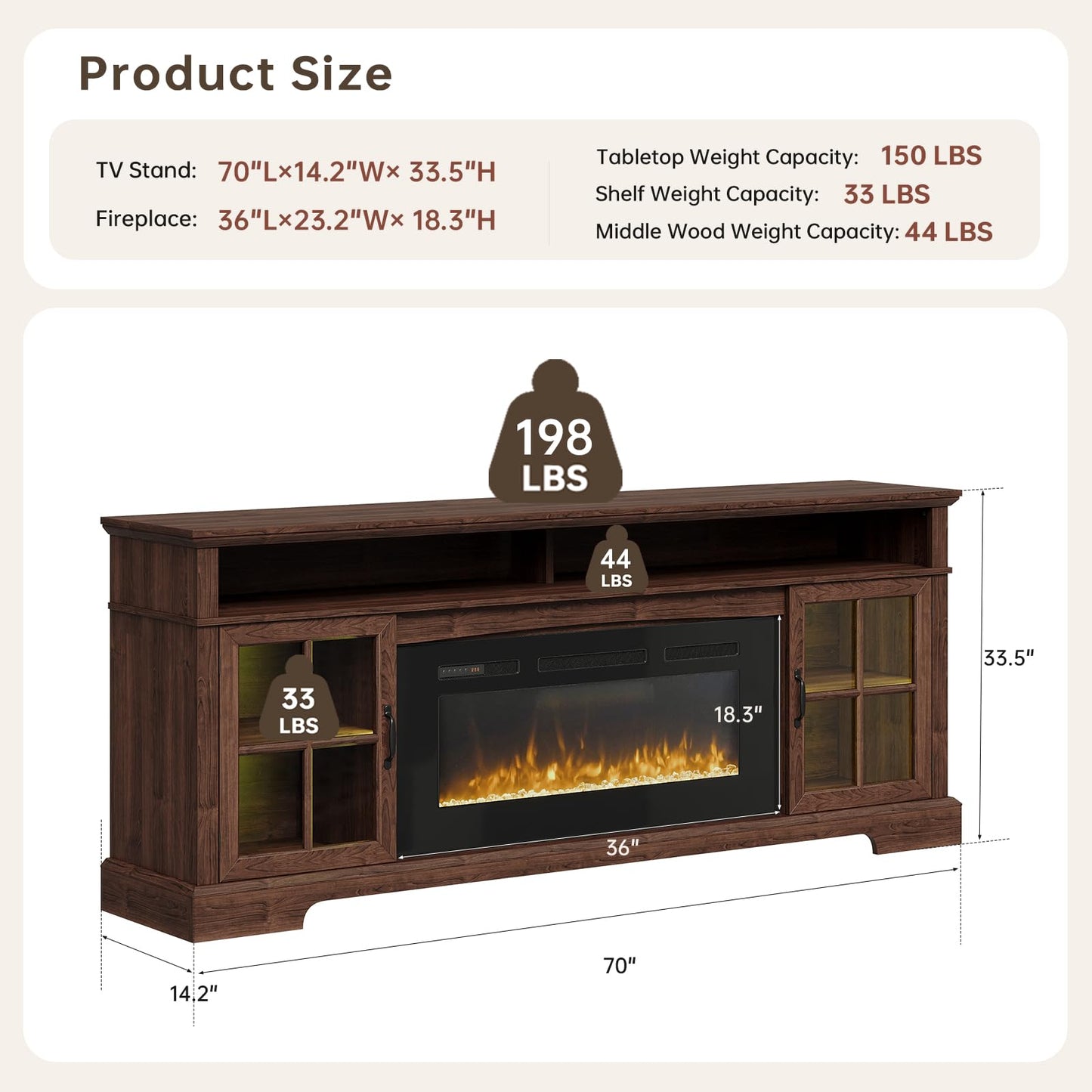 Nordivale 70" Fireplace TV Stand, Modern Entertainment Center for TVs Up to 80”, TV Console with Storage Cabinets, Media Console for Living Room, Brown TV Stand and Black Fireplace