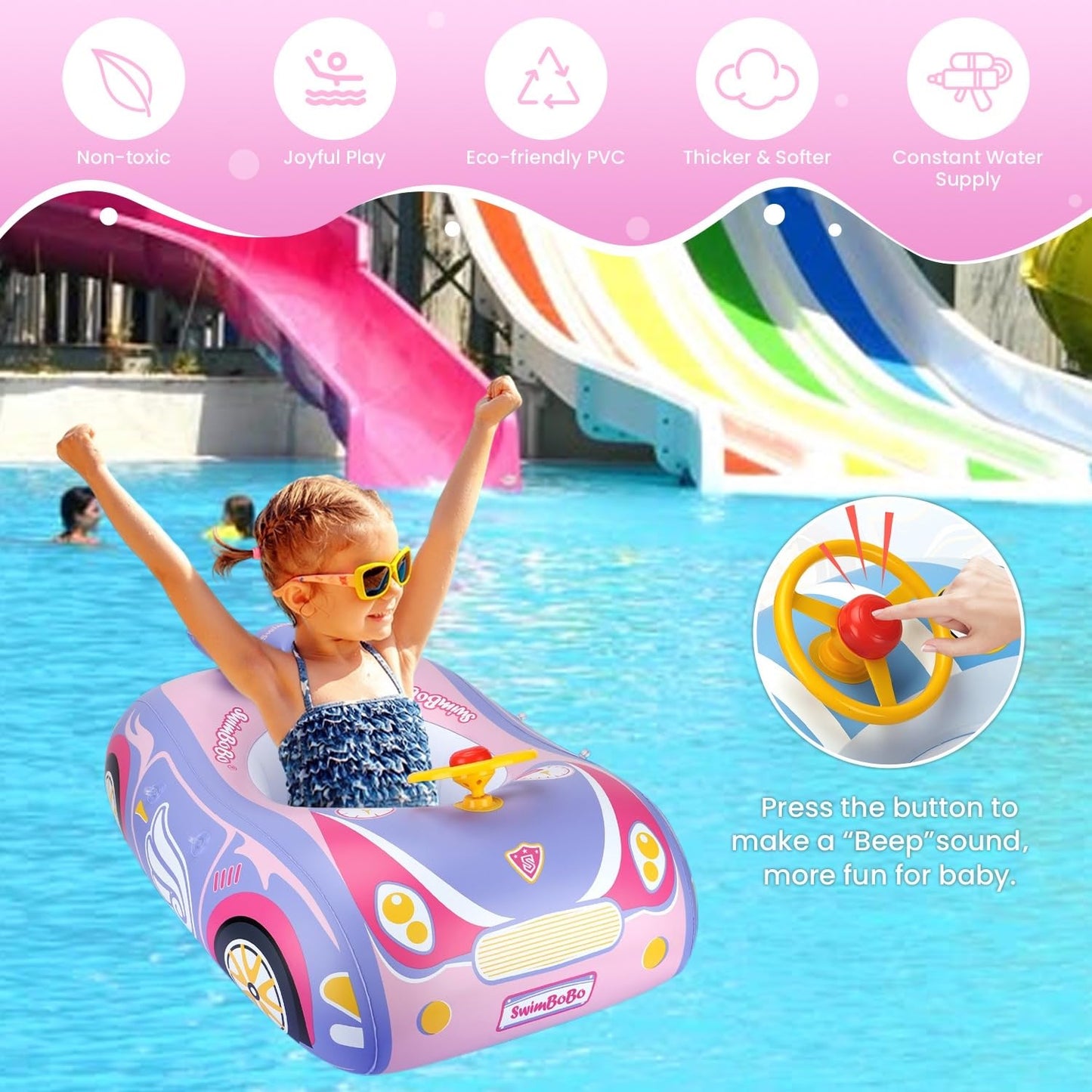 Baby Pool Float 3D Car Baby Floaties for Toddlers 12-48 Months Heavy Duty Infant Swim Float Toddlers Pool Floats Kids Swim Floaties Swimming Pool Floats for 1-4 Years Toddler Floaties for Boys & Girls