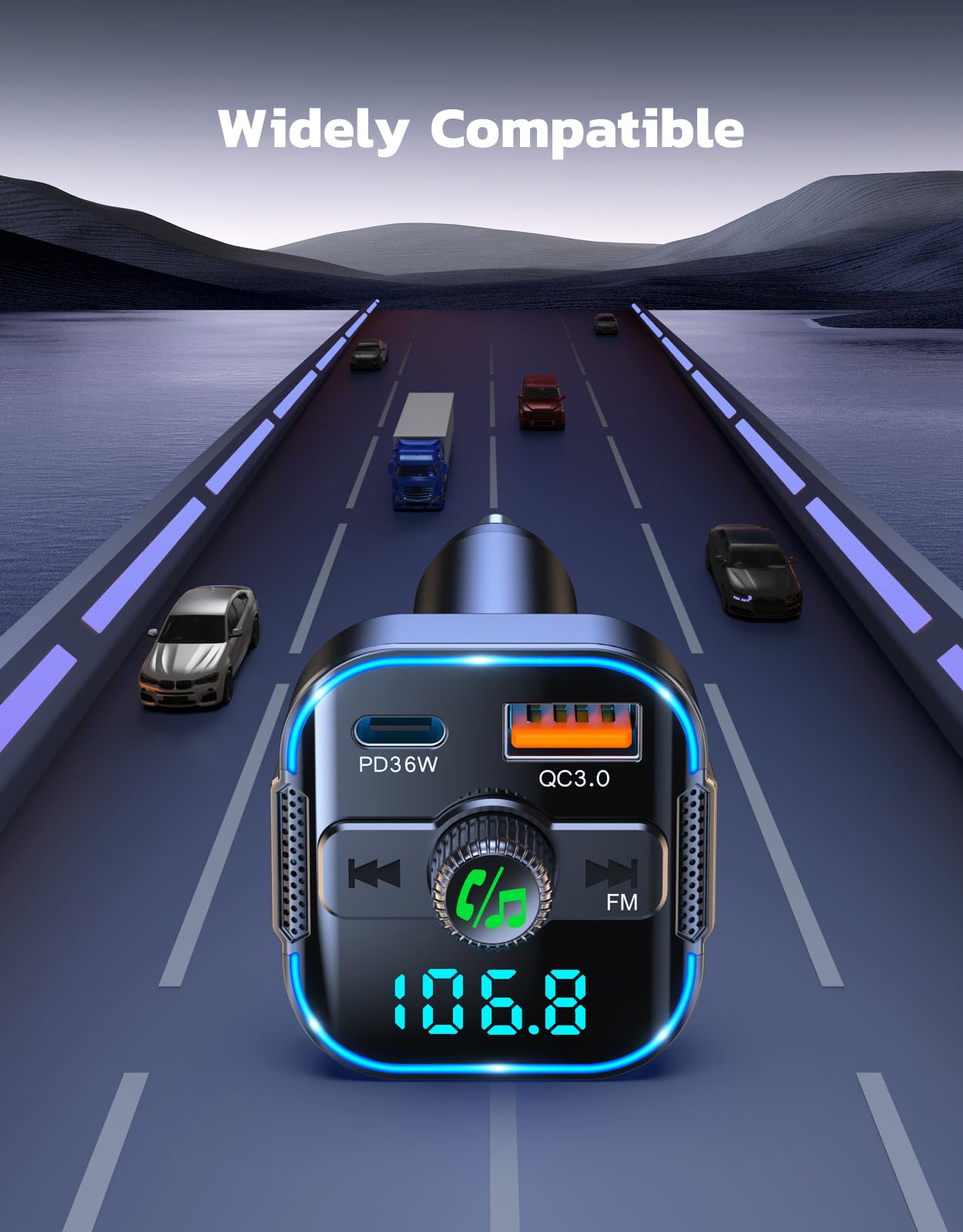 RIWUSI Bluetooth 5.3 Car Adapter【PD 36W+QC3.0 18W】, 2-in-1 FM Bluetooth Transmitter 【Dual Stronger Mics】& Fast Car Charger, Wireless FM Radio Adapter Hands-Free Calling, Siri Assistant, Black