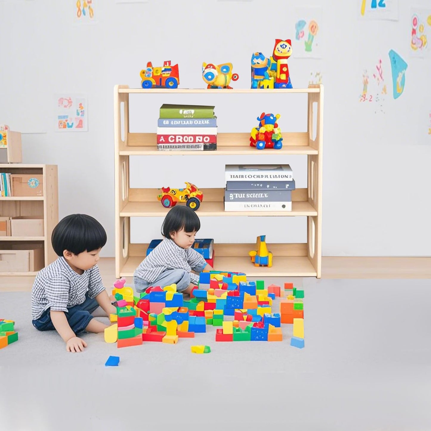 YJTREMFYX Children's Toy Storage Rack Montessori Bookshelf, Used as a Storage Cabinet for Books and Toys in Game Rooms, Children's Rooms, Daycare Centers, and kindergartens (4 Levels)