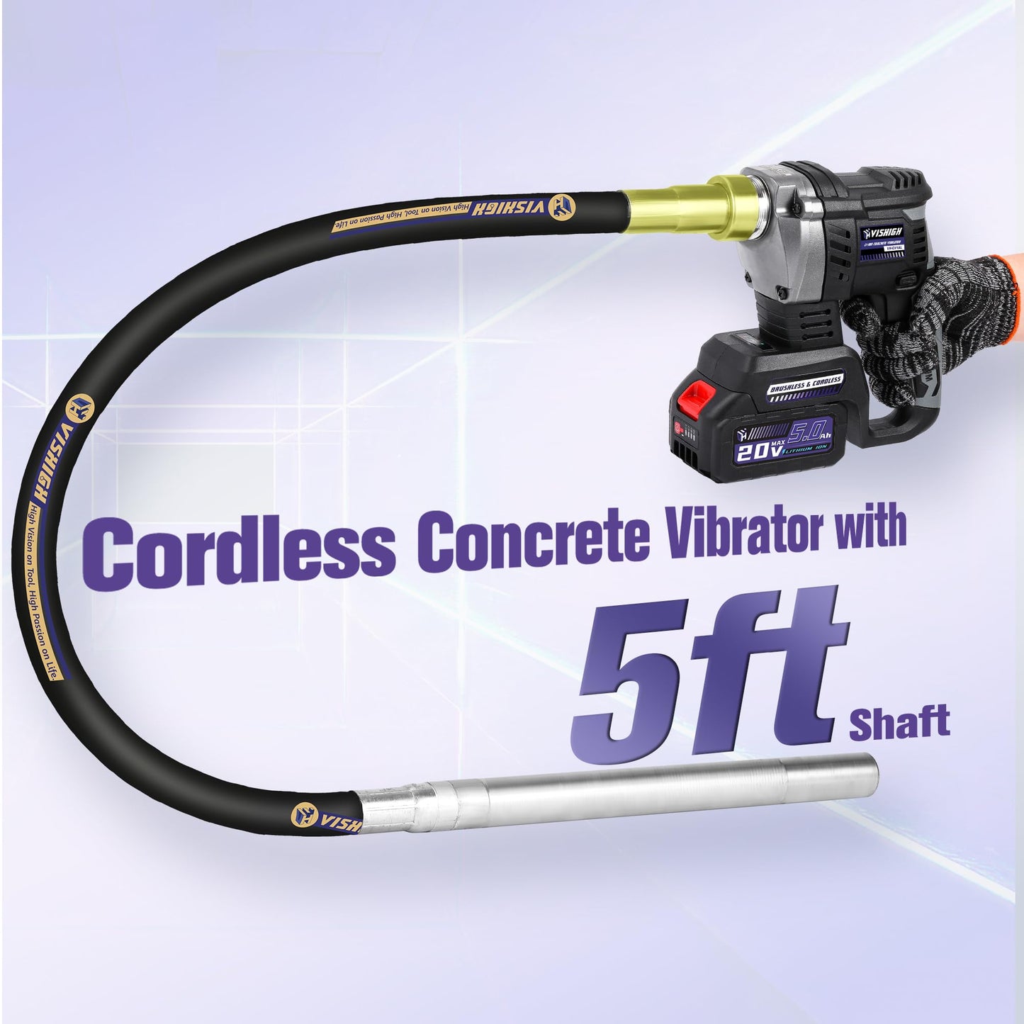 VISHIGH Cordless Concete Vibarating Tool 5Ah 21V, with 5ft Φ35mm Shaft, Portable Wireless Concrete Vibrator Motor for Home Garden Small Construction Pouring Work Stem Walls