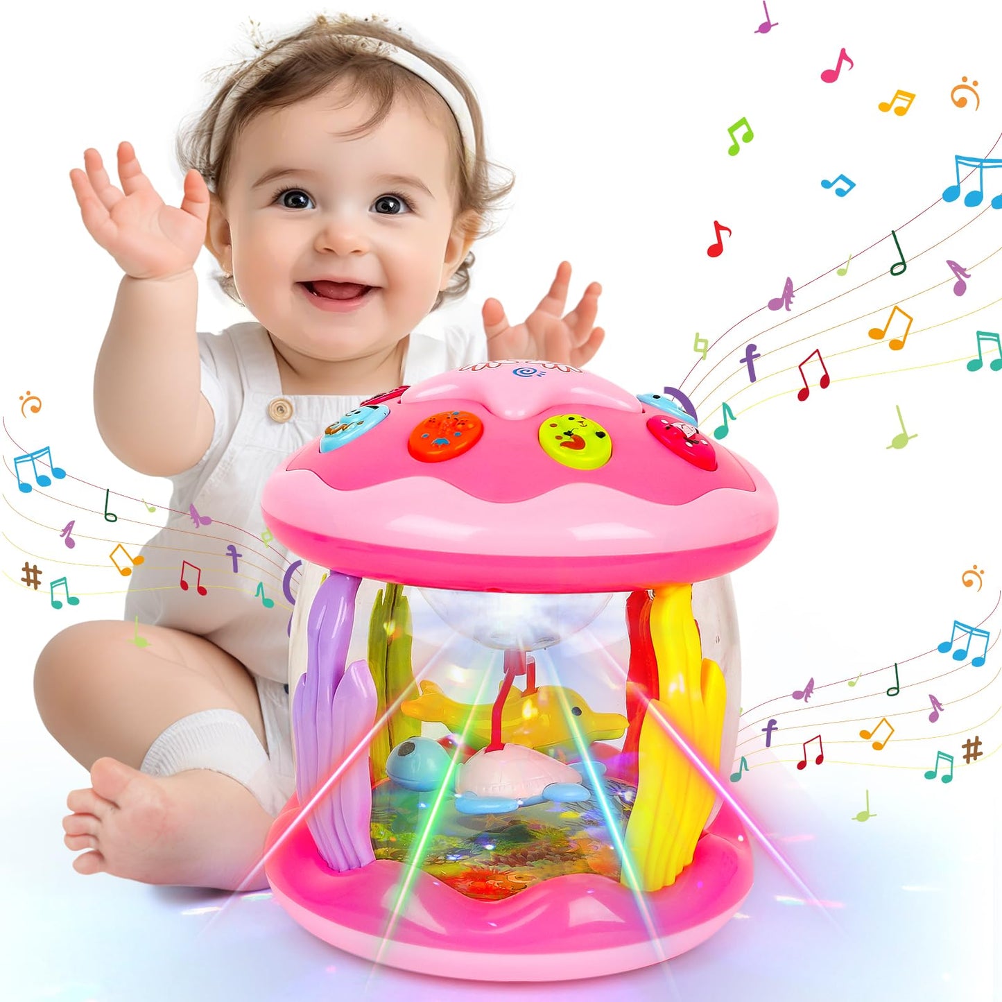 M SANMERSEN Baby Girl Toys 6-12 Months - Babies Ocean Rotating Projector Light Up Musical Toys for 12-18 Months Crawling Learning Tummy Time 1 2 Years Old Infant Boys Girls Pink
