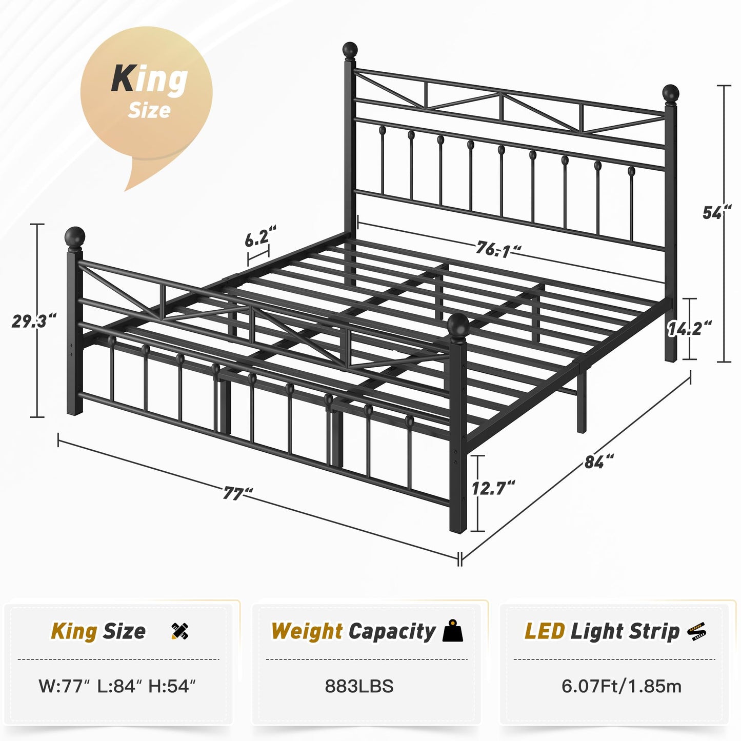 EnHomee 54" Metal King Bed Frame with Tall Headboard & Footboard, LED Light King Bed Frame, Strong Metal Slats Support and Noise-Free Design with Under Bed Storage/No Box Spring Needed/Black