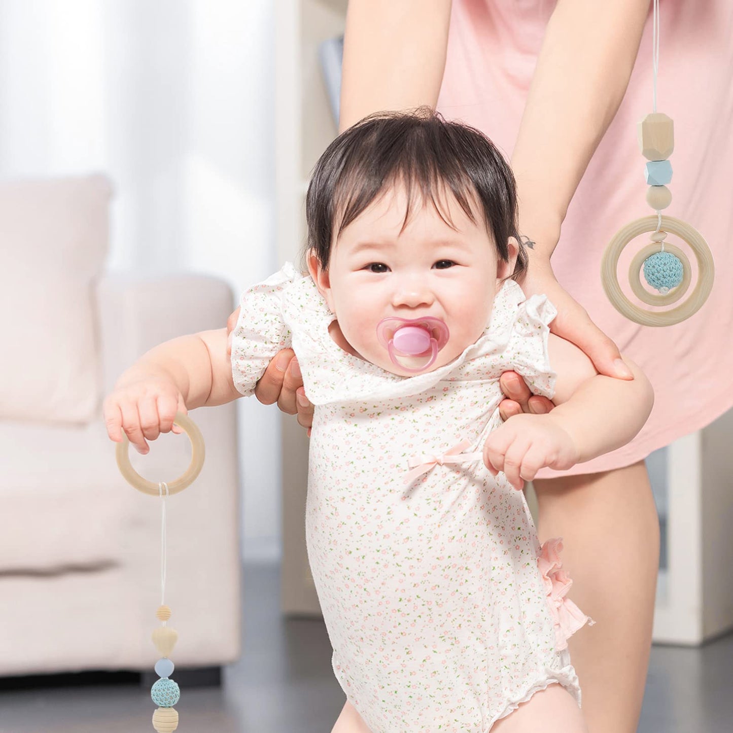 4Pcs Wood Toys Wooden Hanging Toy Wood Activity Pendant Dangling Teething Soother Nursery Decor Montessori Play Gym
